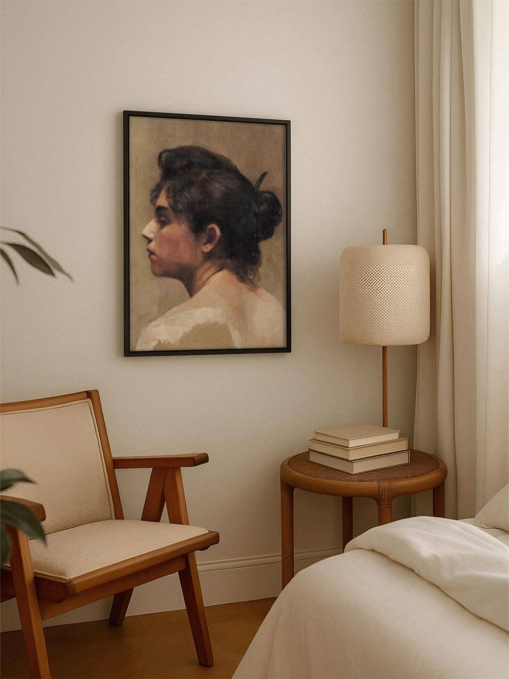 Vintage Frauenportrait als Kunstdruck in dunklen Erdtönen hängt gerahmt in einer gemütlichen Leseecke. Der Ausdruck wirkt ruhig und zeitlos, perfekt für minimalistische Räume.