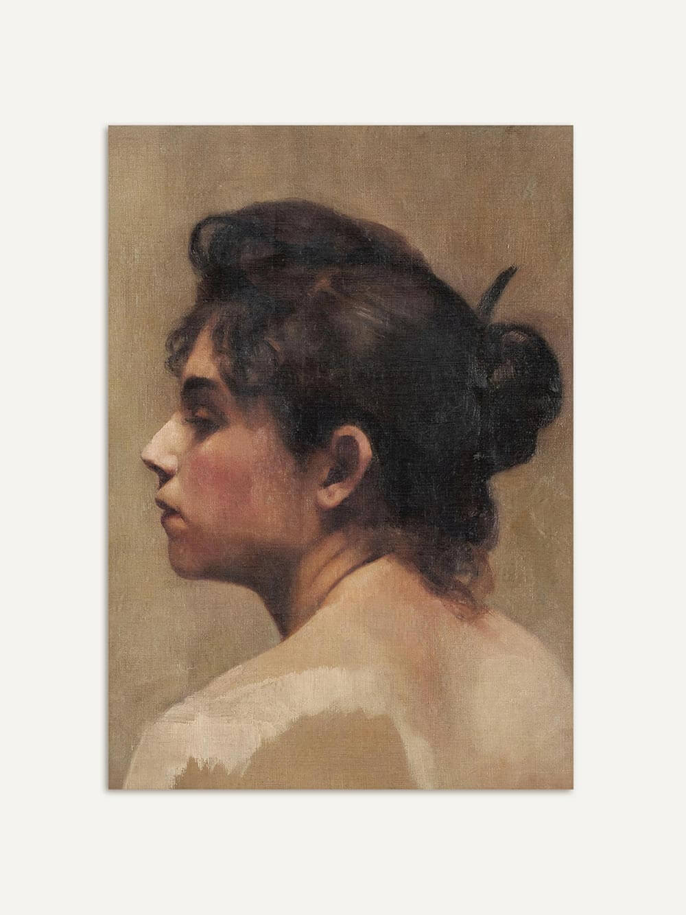 Kunstdruck eines Vintage Frauenportraits in Seitenansicht. Warme Beige- und Brauntöne betonen die weiche Malweise und verleihen dem Bild eine stille Eleganz.