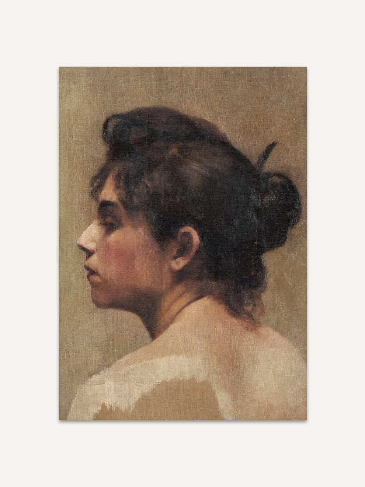 Kunstdruck eines Vintage Frauenportraits in Seitenansicht. Warme Beige- und Brauntöne betonen die weiche Malweise und verleihen dem Bild eine stille Eleganz. #Rahmen_Ohne Rahmen