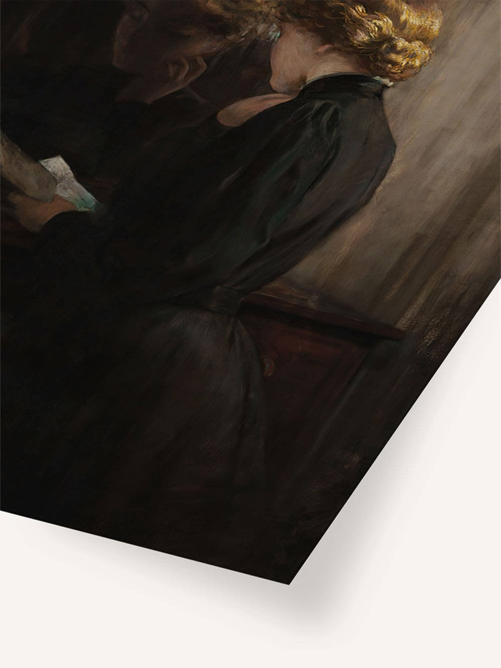 Detail des Kunstdrucks mit Frau im schwarzen Kleid, die einen Brief hält. Feine Pinselstrukturen und dunkle Töne sind deutlich sichtbar.