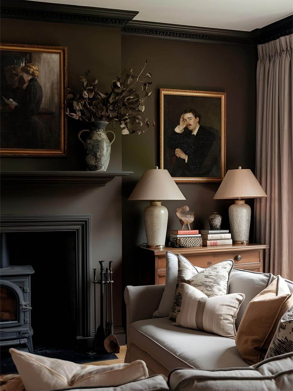 lassischer Kunstdruck eines männlichen Porträts hängt in einem stimmungsvollen Interieur. Das Wandbild ergänzt die dunklen Töne und erzeugt eine ruhige Vintage-Atmosphäre.