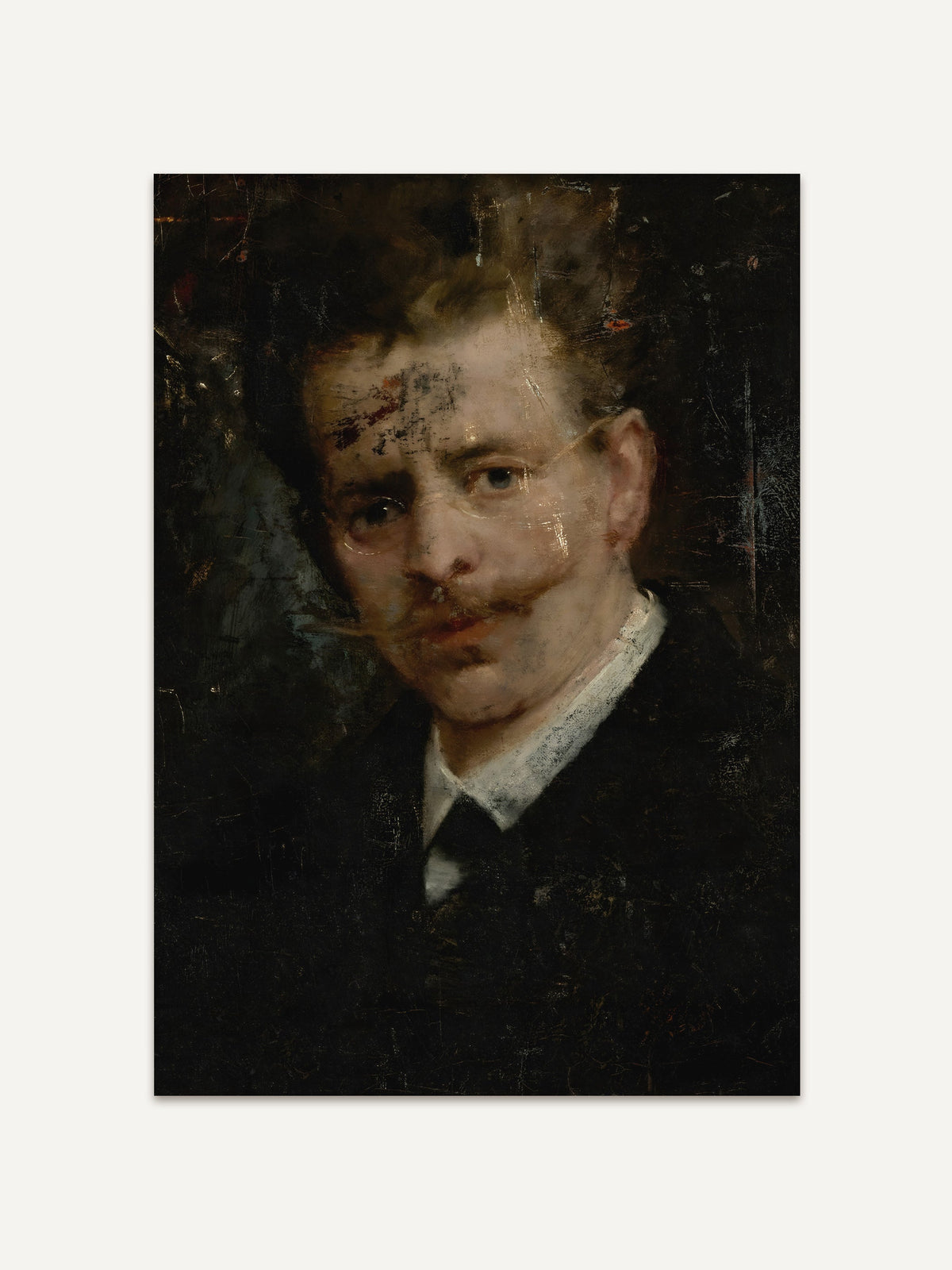 Männerporträt als Vintage Kunstdruck auf hellem Hintergrund. Das dunkle Gemälde zeigt feine Details und strahlt klassische Eleganz aus. #Rahmen_Ohne Rahmen