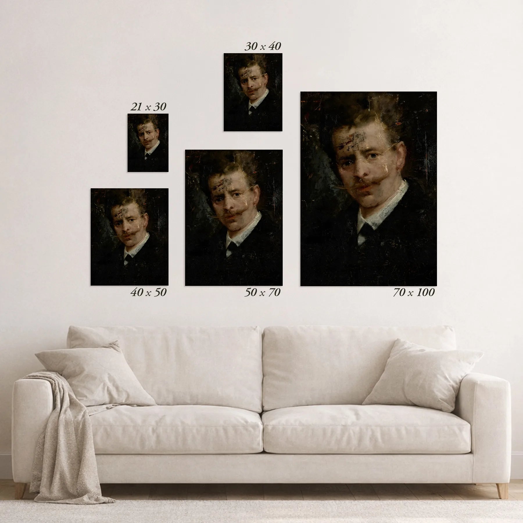 Schematic size overview of the available print formats above a sofa.