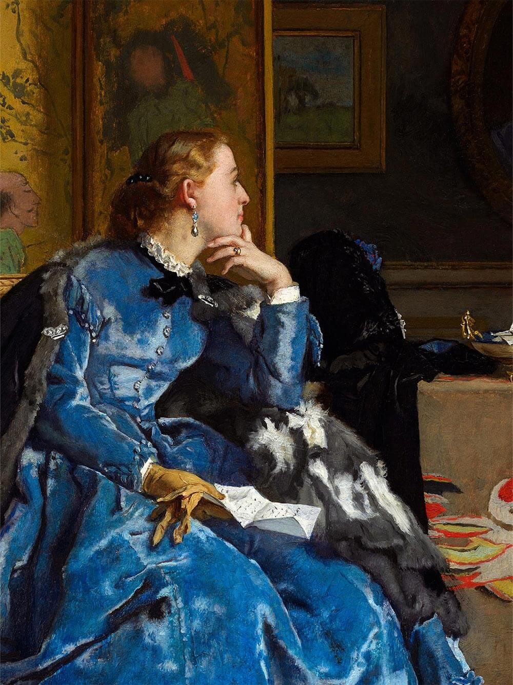 Nahaufnahme des Gemäldes zeigt feine Stofffalten, glänzendes Blau und zarte Lichtreflexe. Kunstvoller Kunstdruck mit reicher Textur und authentischer Farbtiefe für kunstvolle Wohnräume.