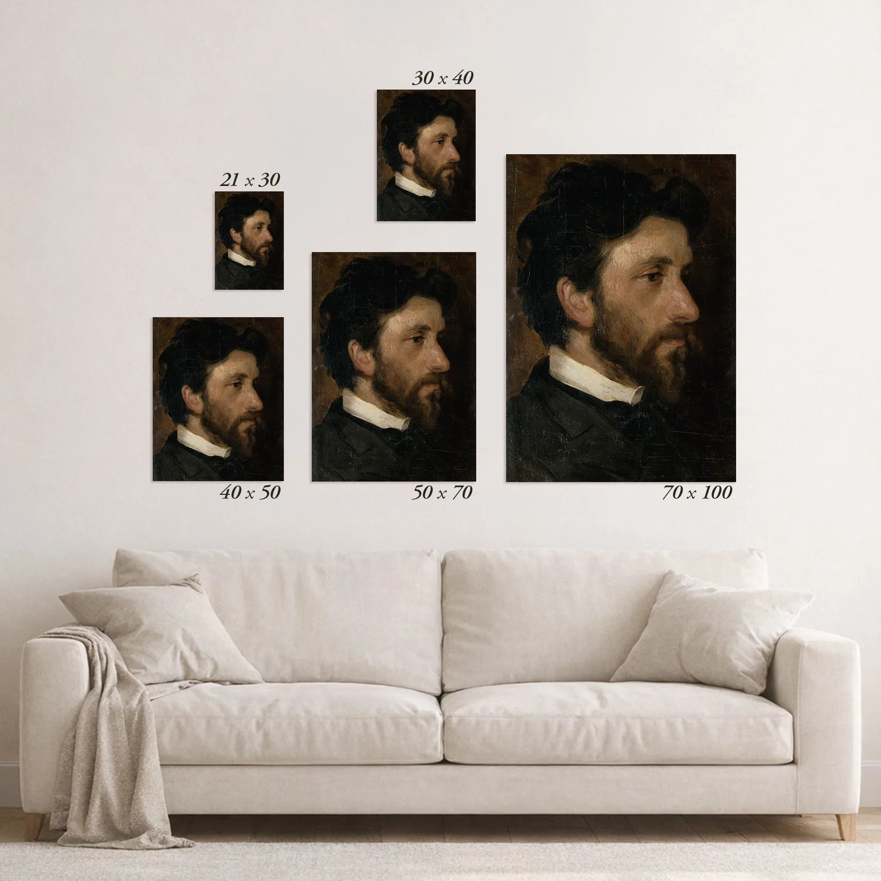 Aperçu schématique des formats disponibles au-dessus d'un canapé.