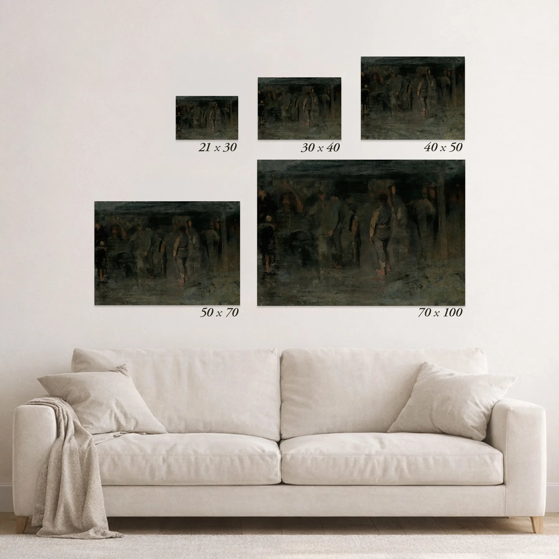 Schematic size overview of the available print formats above a sofa.