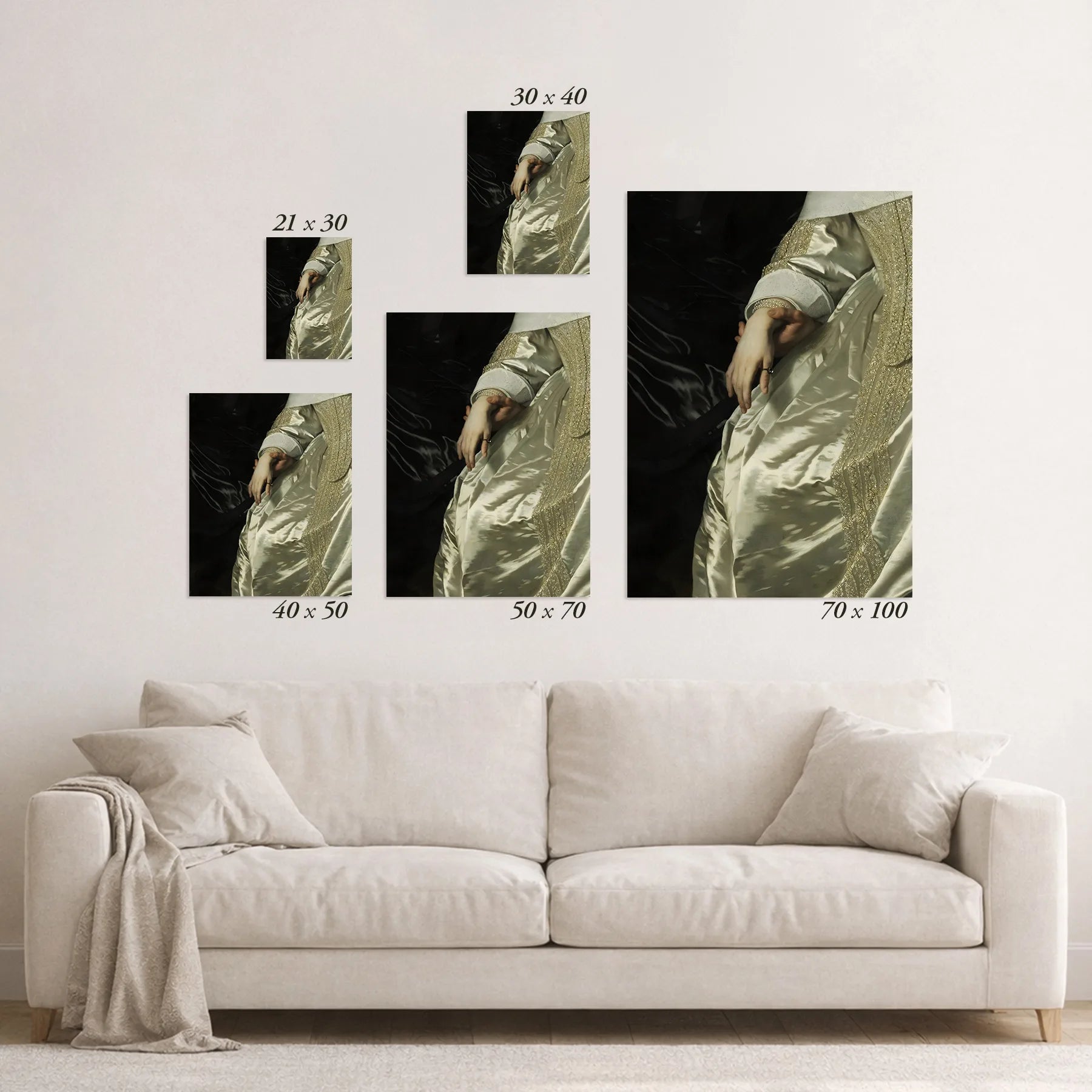 Schematic size overview of the available print formats above a sofa.