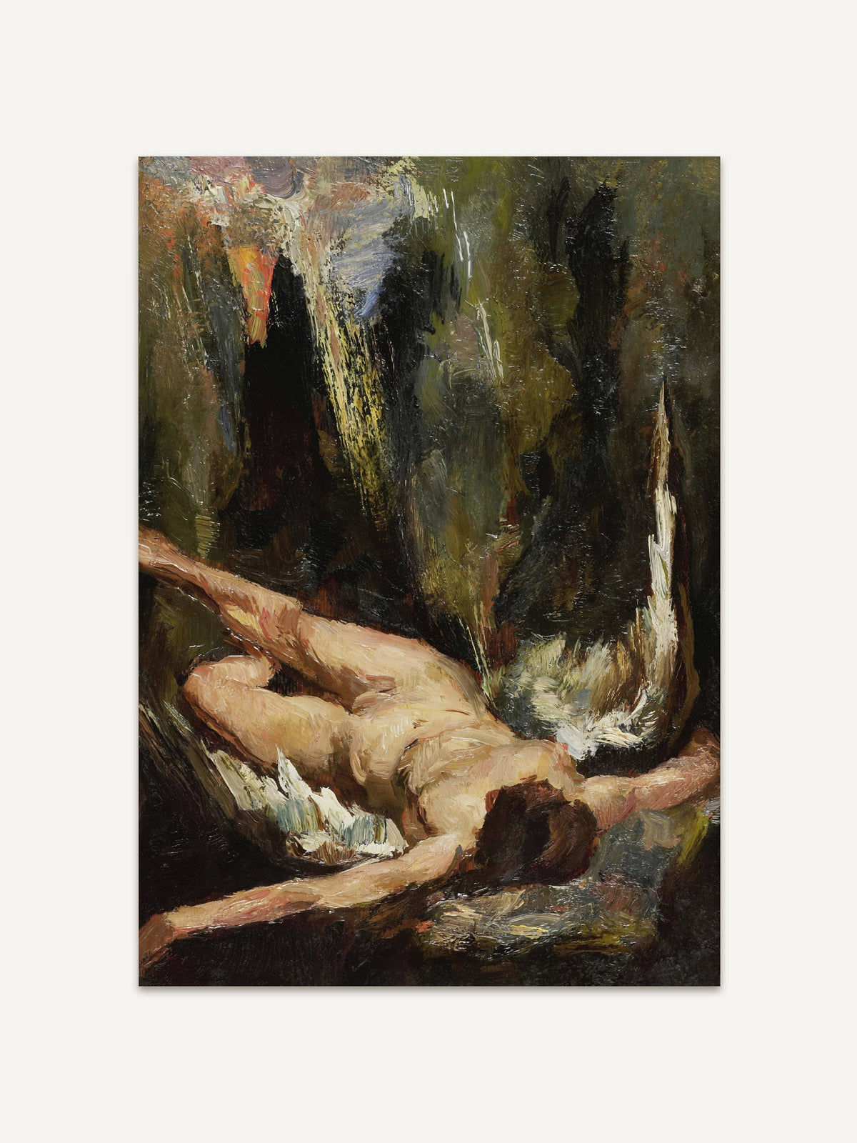 Kunstdruck mit liegender Frauenfigur gemalt in dynamischer Farbführung in Grün, Olive, Braun und Ocker, der als ausdrucksstarkes Wandbild für moderne und klassische Räume geeignet ist. #Rahmen_Ohne Rahmen