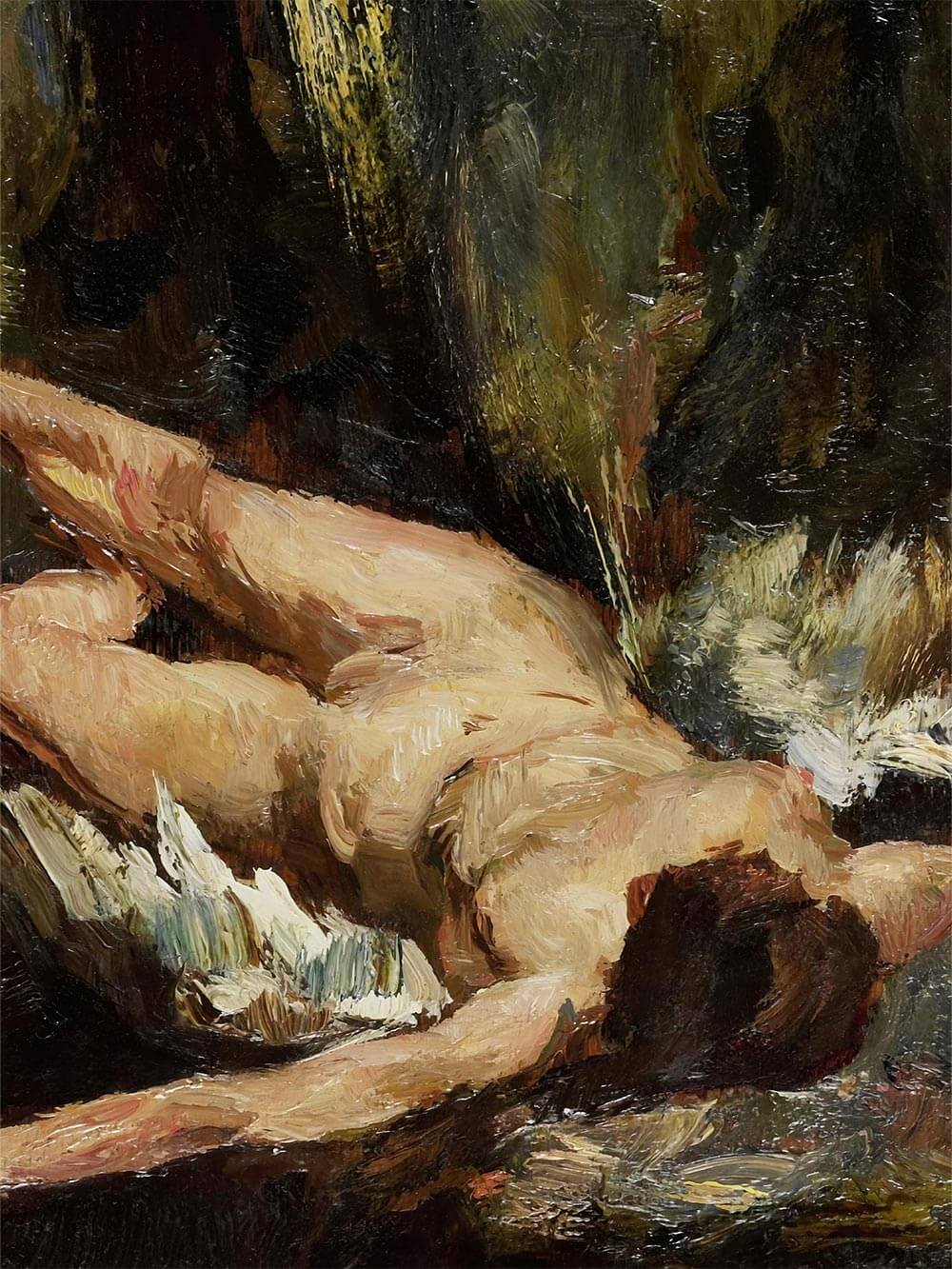 Nahaufnahme einer gemalten Figur mit pastosem Pinselstrich, warmen Hauttönen und dunklem, abstraktem Hintergrund, die Textur und emotionale Tiefe des Kunstwerks klar hervorhebt.