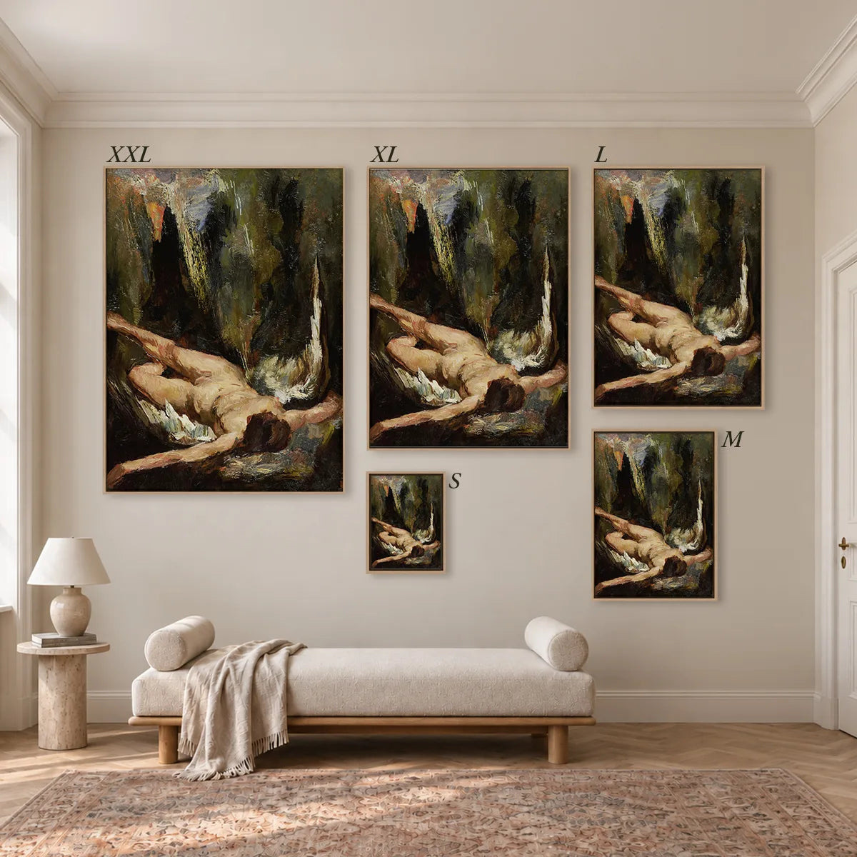 Größenübersicht der fünf Leinwandformate S bis XXL im Raum, von 34 × 44 cm bis 105 × 143 cm.