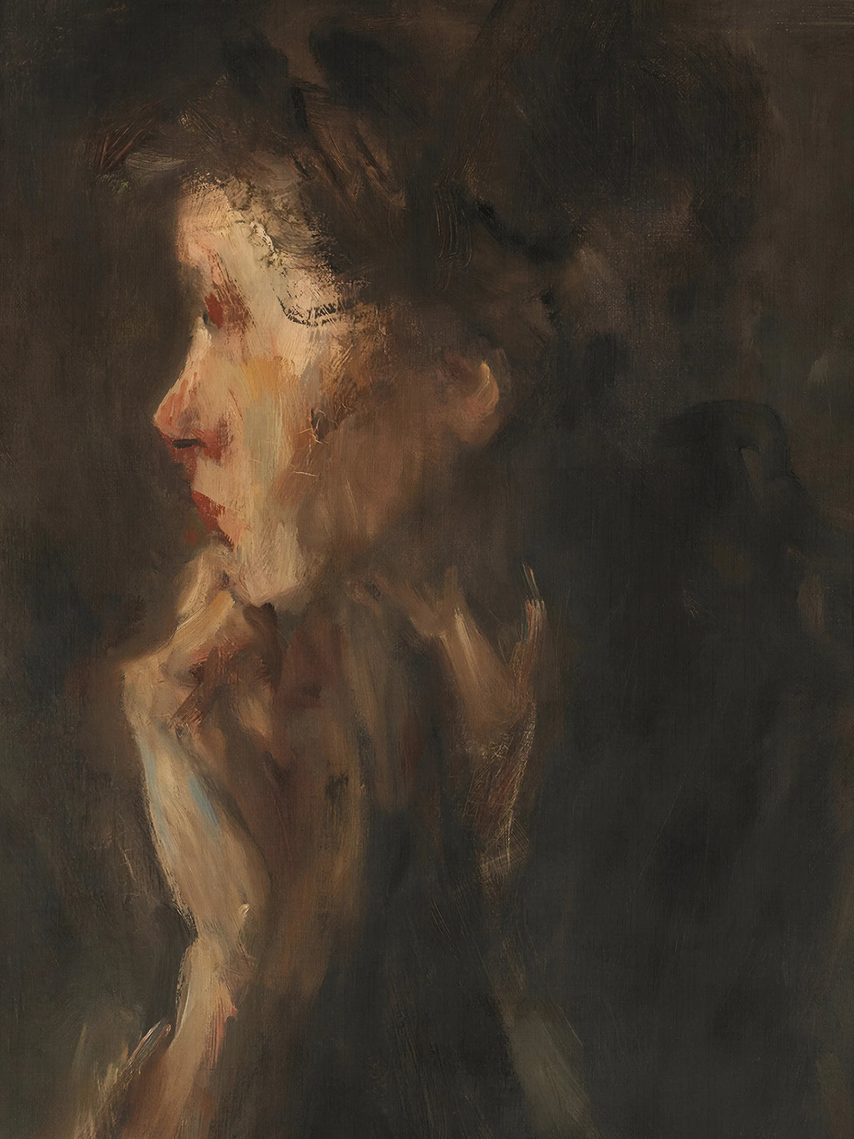 Detail des Leinwandbilds nach Jozef Israëls: Gesicht im Profil mit Hand am Kinn, grob aufgetragene Farbe in Hautton, Braun und Schwarz