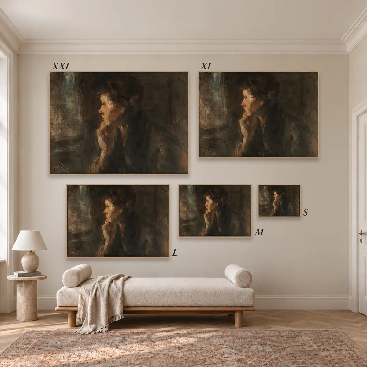 Größenübersicht der fünf Leinwandformate S bis XXL im Raum, von 34 × 44 cm bis 105 × 143 cm.