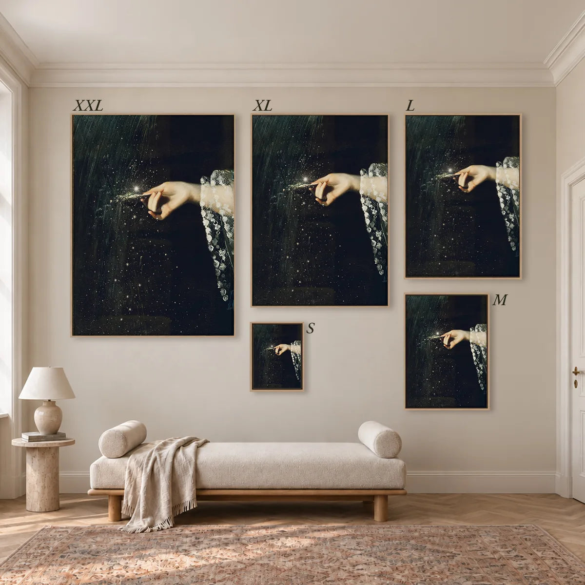 Größenübersicht der fünf Leinwandformate S bis XXL im Raum, von 34 × 44 cm bis 105 × 143 cm.