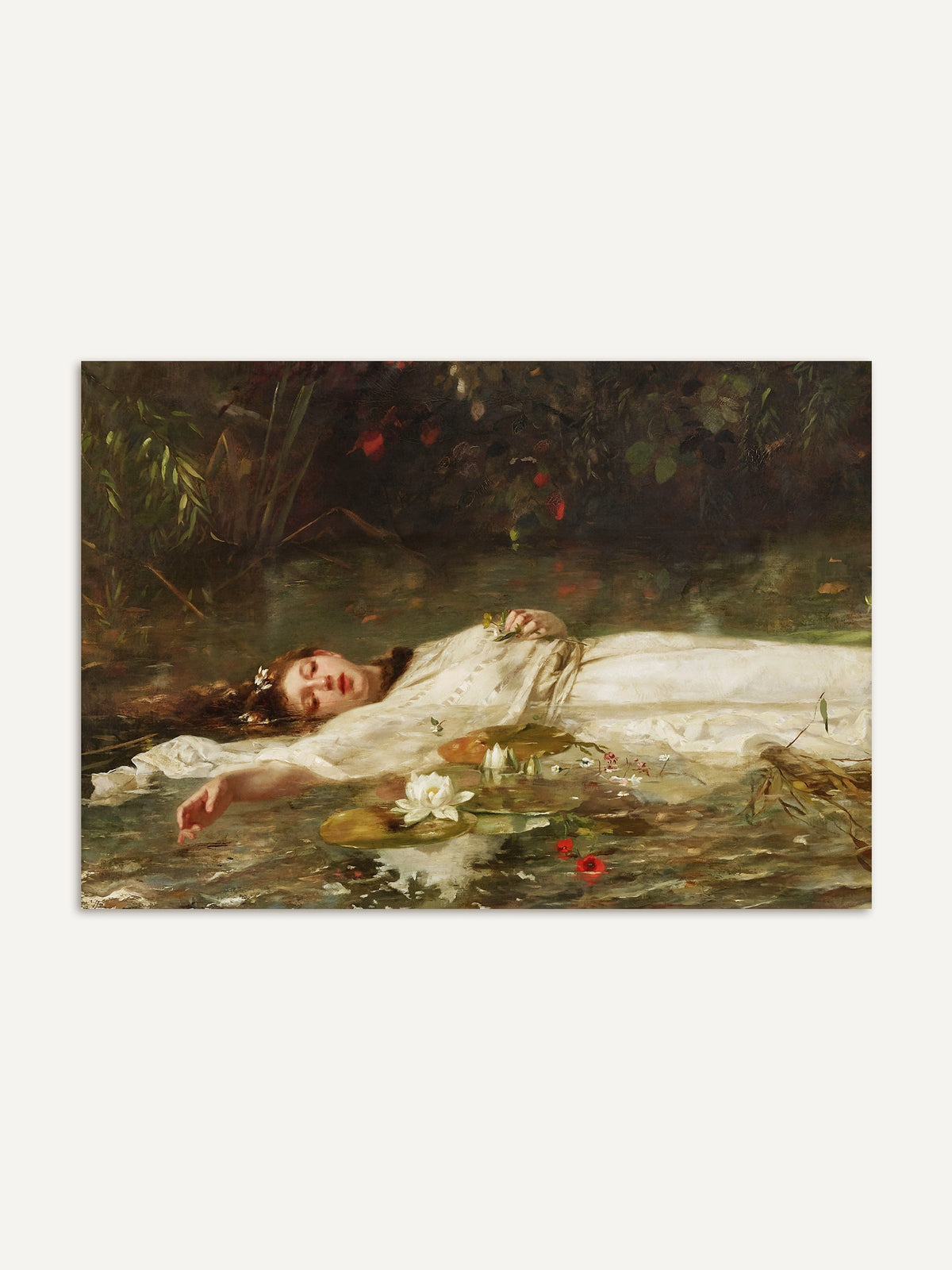 Detailreicher Kunstdruck einer jungen Frau im weißen Kleid, die von Blumen umgeben im Wasser treibt, mit gedämpften Grün- und Brauntönen und malerischer Tiefe, inspiriert von klassischer Malerei und geeignet als ausdrucksstarkes Poster. #Rahmen_Ohne Rahmen