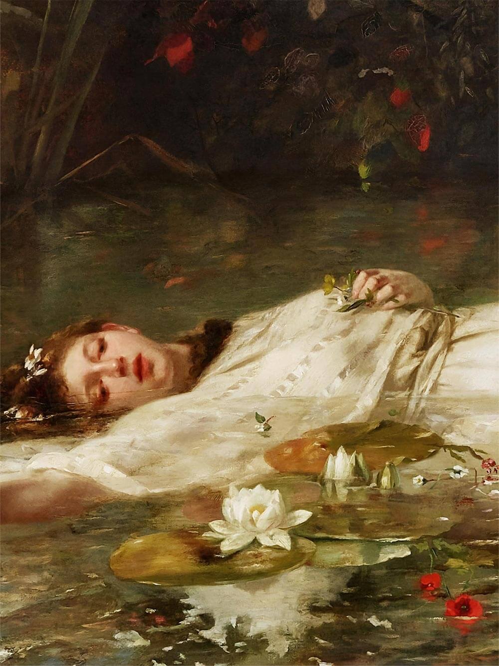 Nahaufnahme des Gesichts und der Hände der dargestellten Frau im Wasser mit feinen Pinselstrukturen, Seerosen und floralen Akzenten, die die emotionale Tiefe und die hochwertige Anmutung dieses Kunstdrucks betonen.