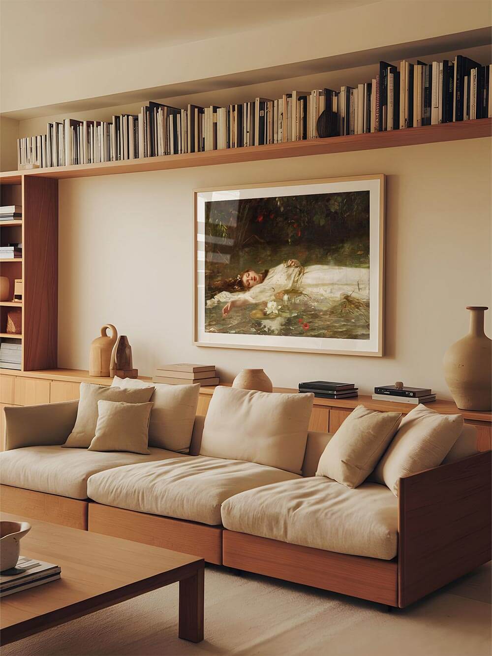 Großformatiger Kunstdruck eines klassischen Ophelia-Motivs über einem hellen Sofa mit Holzregal, der eine ruhige, poetische Stimmung erzeugt und sich harmonisch in ein elegantes Wohnzimmer einfügt, ideal als Wandbild für zeitlose Interior-Konzepte.