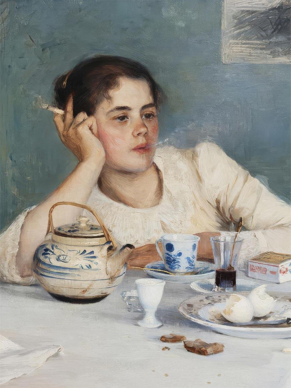 Nahaufnahme des Kunstdrucks zeigt das Gesicht einer Frau, feine Pinselstriche und zarte Hauttöne vor blauem Hintergrund, die malerische Textur verleiht dem Kunstdruck Tiefe und macht ihn ideal für hochwertige Wandkunst.