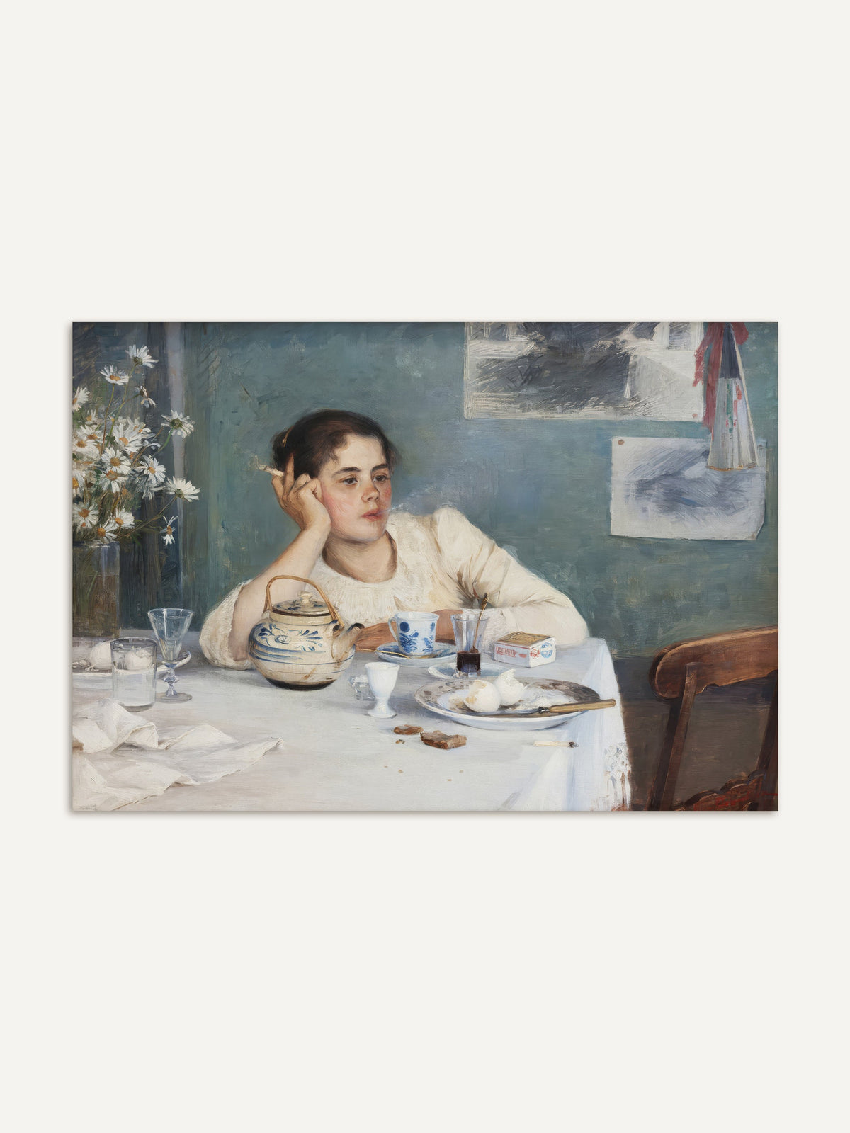 Impressionistischer Kunstdruck zeigt eine junge Frau am Tisch mit Teekanne, Geschirr und Speisen, gemalt in weichen Pinselstrichen und gedeckten Farben, ein zeitloses Wandbild mit klassischer Stimmung für Liebhaber historischer Kunst. #Rahmen_Ohne Rahmen