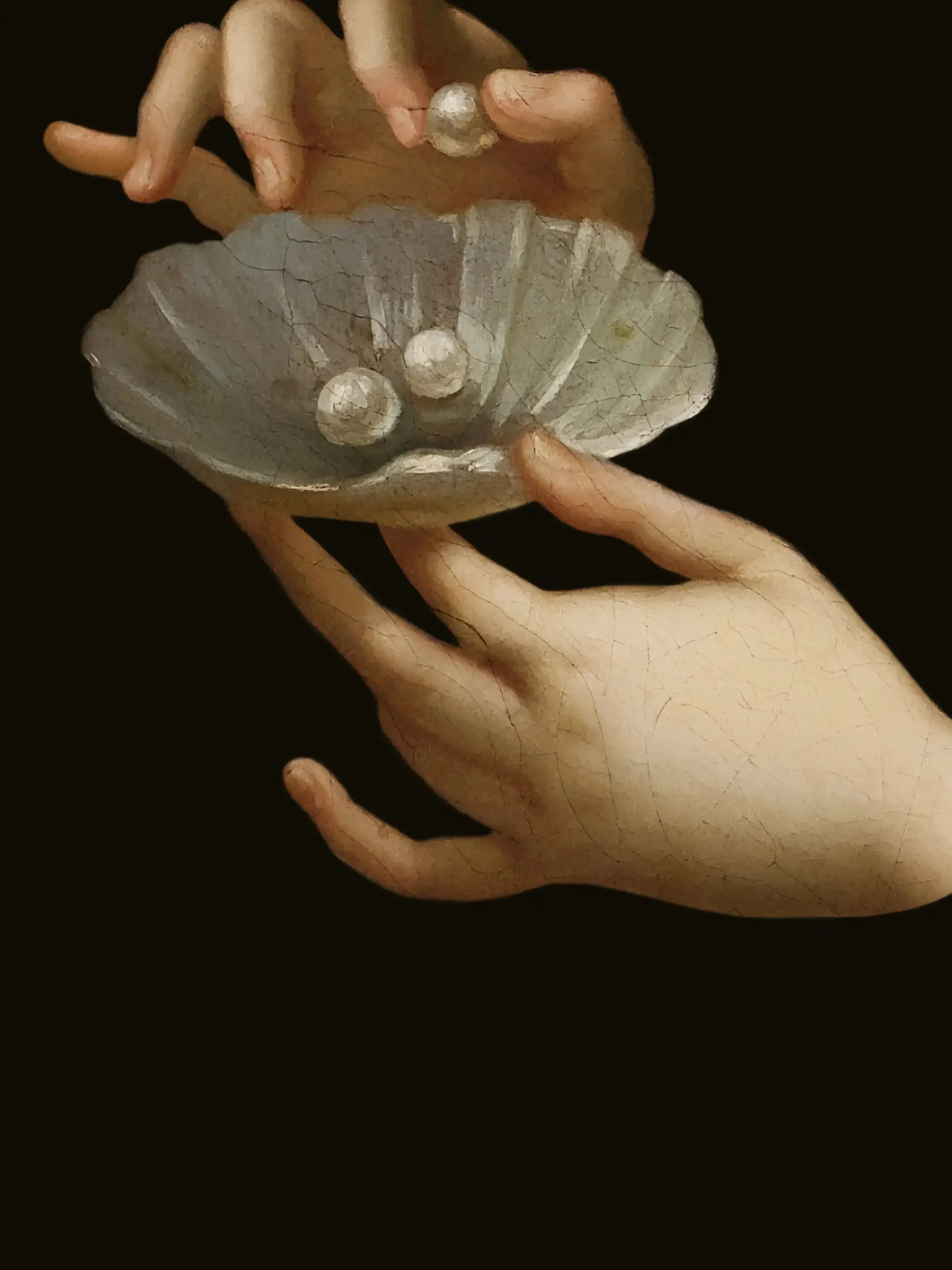 Nahaufnahme des Barock Kunstdrucks zeigt die fein modellierten Hände und die schimmernden Perlen in der Muschel im Detail. Die sichtbaren Craquelure-Risse unterstreichen den vintage Charakter dieses Wandbilds.
