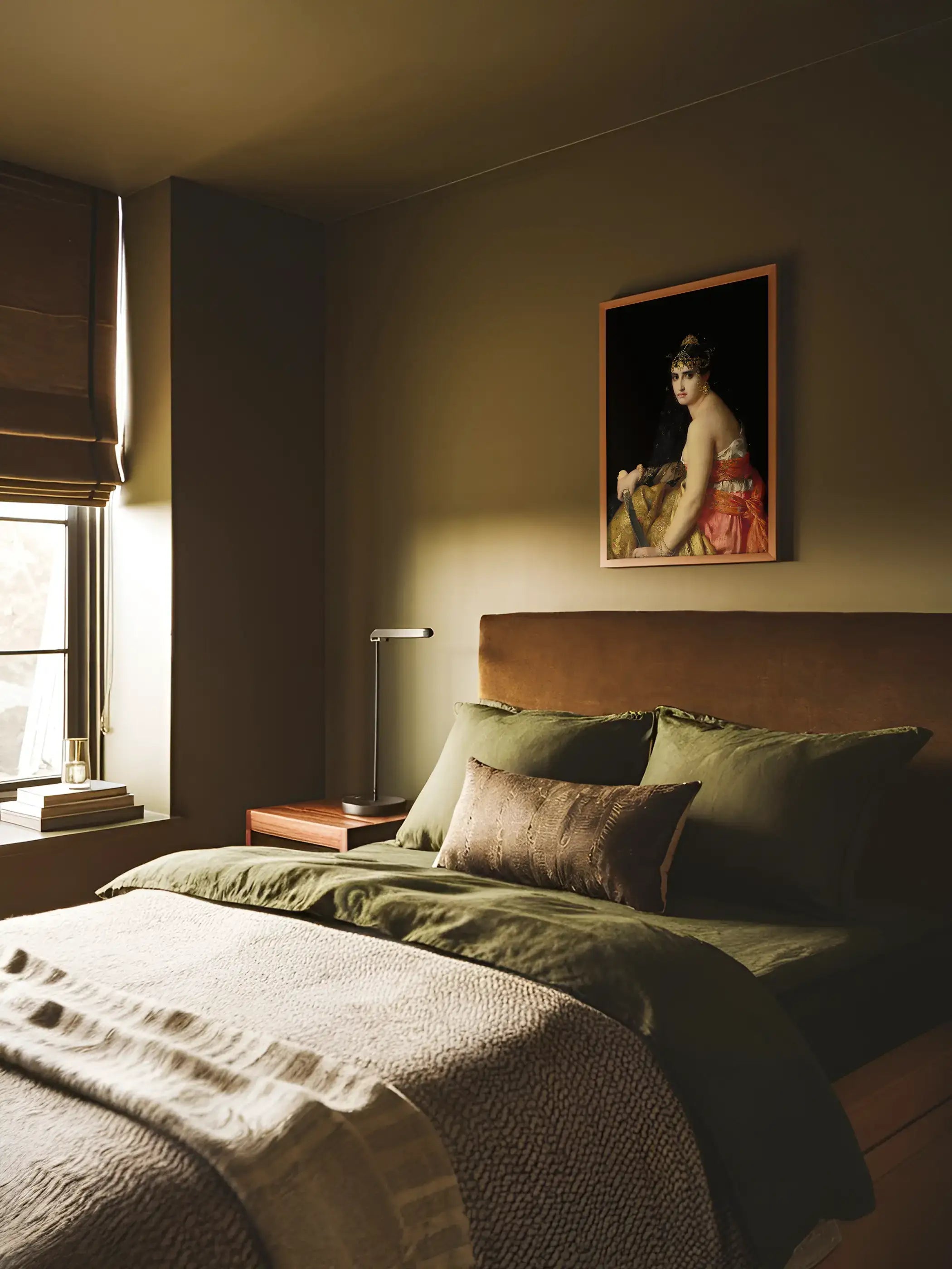 Dark Academia Kunstdruck mit Judith in schmalem Rahmen hängt über einem Bett mit olivgrünen Kissen und braunem Kopfteil in warmem Dämmerlicht. Das moodige Wandbild bringt eine dramatische, edle Stimmung ins Schlafzimmer.