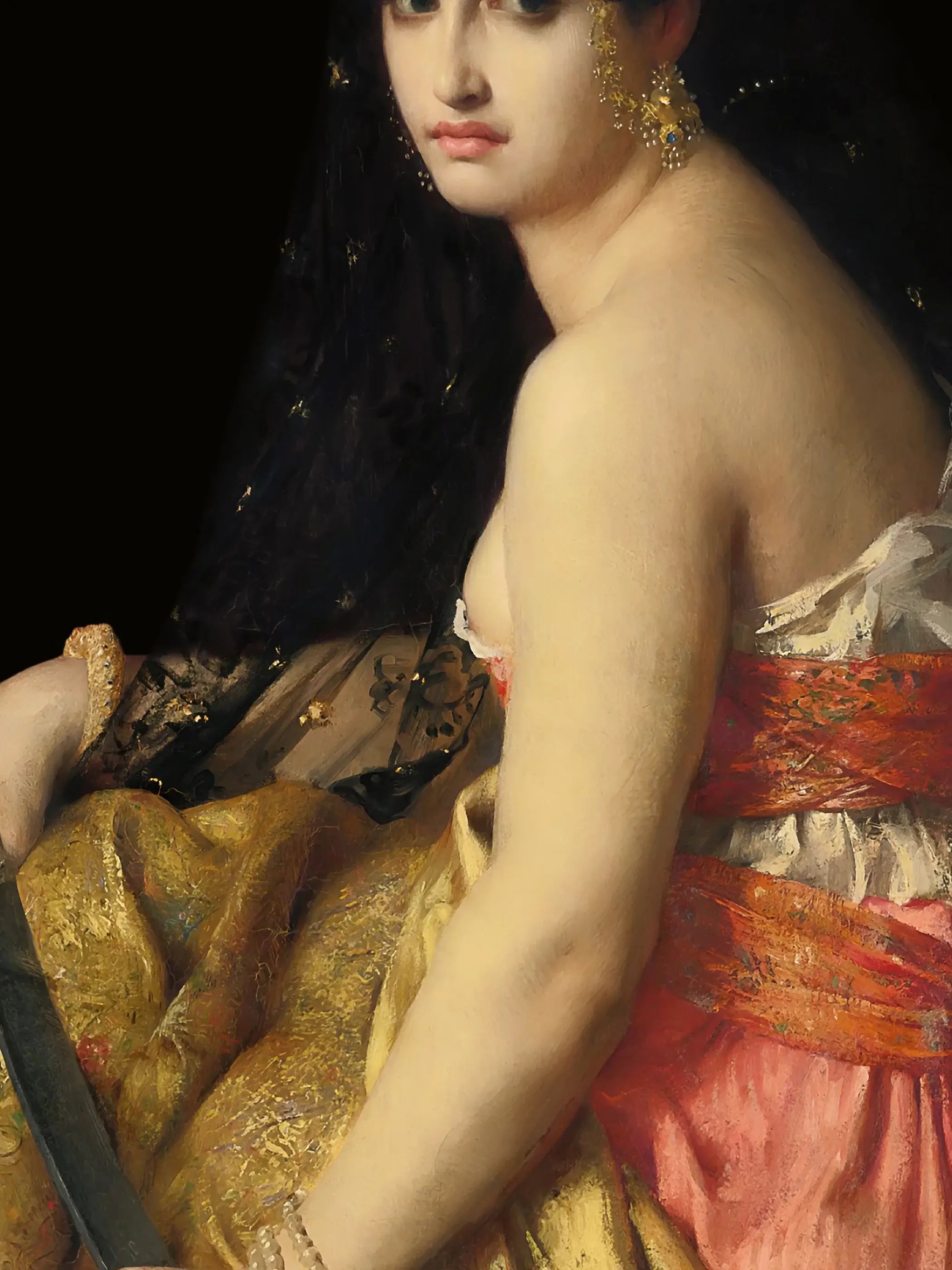 Nahaufnahme des Dark Academia Kunstdrucks zeigt das durchdringende Gesicht Judiths, den goldenen Schmuck und die changierenden Stofffarben im Detail. Die intensive Farbgebung unterstreicht den vintage Charakter dieses Wandbilds.