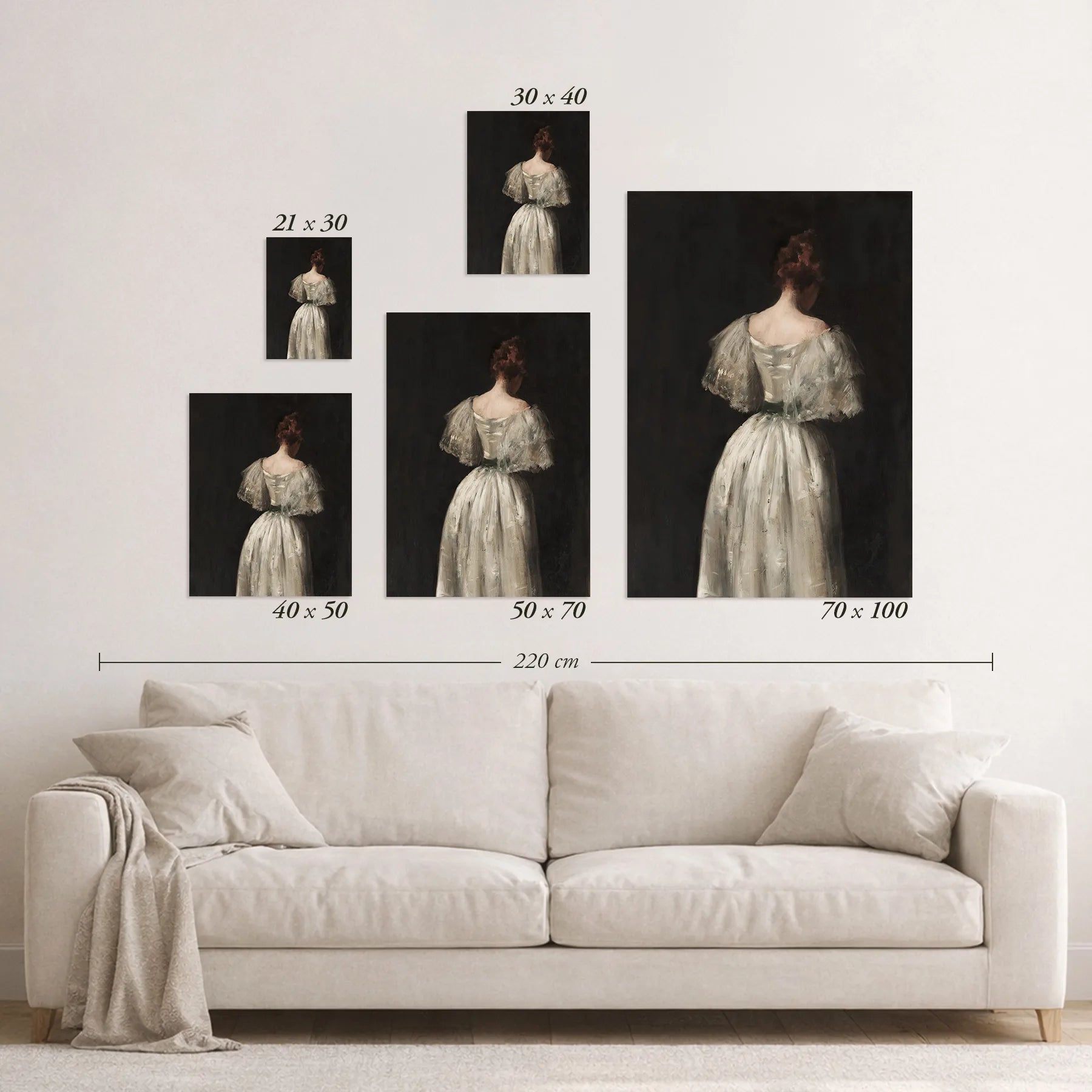 Schematic size overview of the available print formats above a sofa.