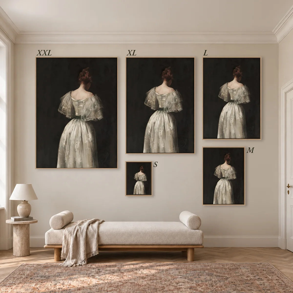 Größenübersicht der fünf Leinwandformate S bis XXL im Raum, von 34 × 44 cm bis 105 × 143 cm.