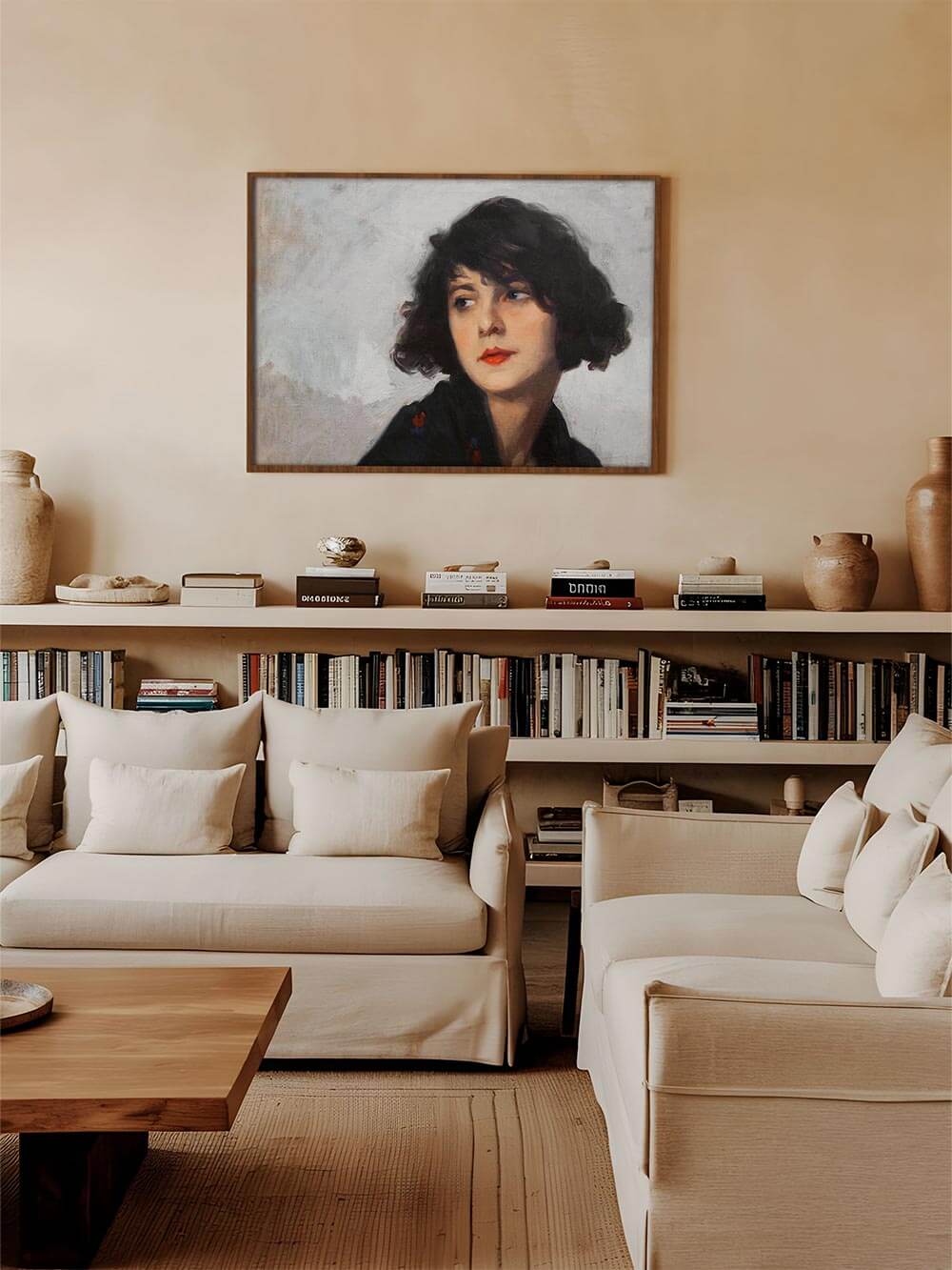 Eleganter Kunstdruck eines Frauenporträts über einem Bücherregal in einem neutralen Wohnzimmer mit beigen Sofas; das Porträt zeigt eine melancholisch blickende Frau mit dunklem Lockenhaar.