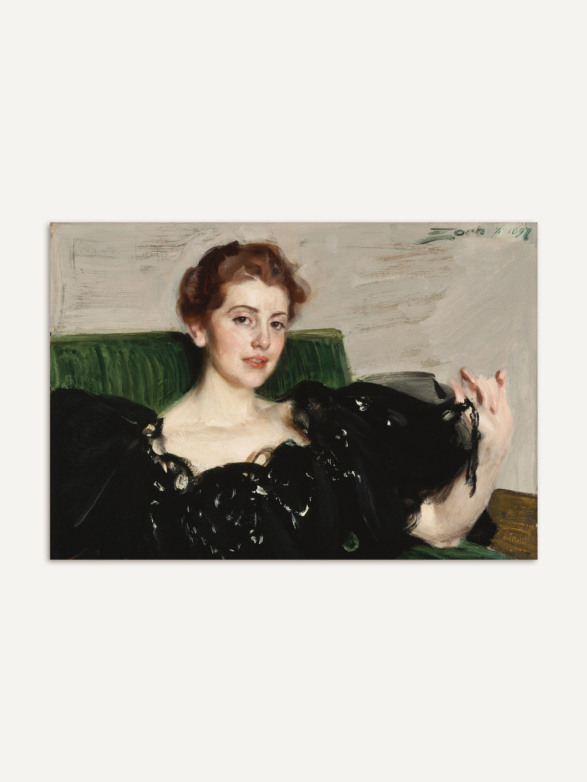 Elegantes Frauenporträt-Poster, das eine Frau in schwarzem Kleid auf einer grünen Couch zeigt. #Rahmen_Ohne Rahmen