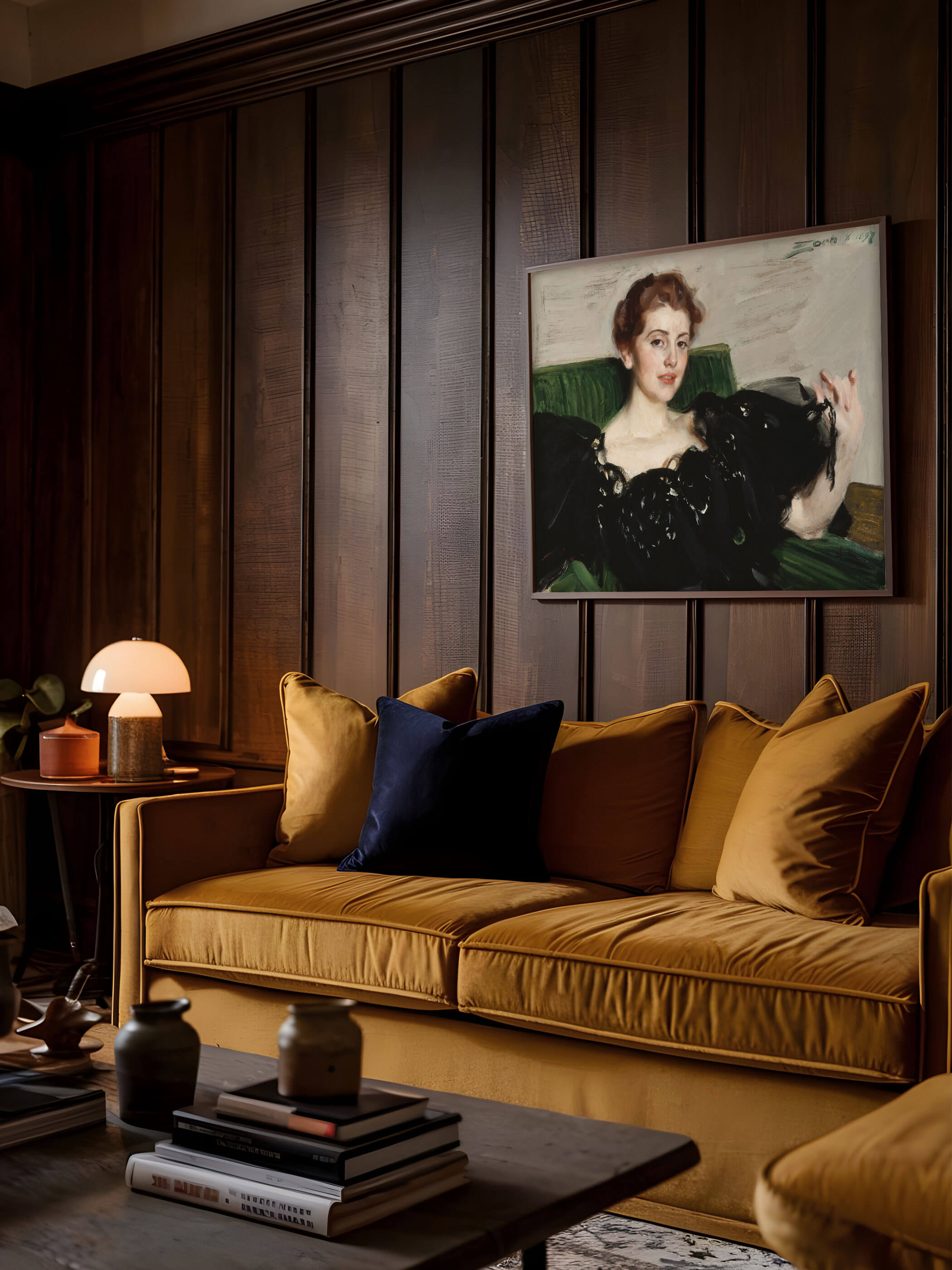 Vintage Porträt einer Frau, gerahmt und als Wanddekoration in einem gemütlichen Wohnzimmer mit Holzwänden und einem Samtsofa.