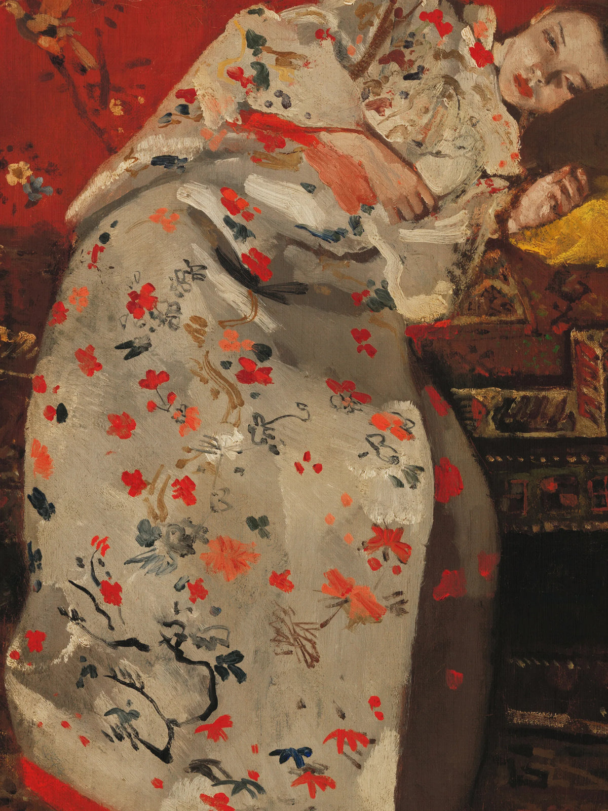 Detail des Leinwandbilds nach Breitner: weißer Kimono mit roten und orangen Blüten in dicken Tupfern, Gesicht und gelbes Kissen