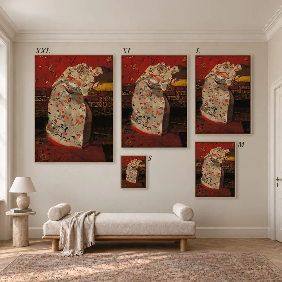 Größenübersicht der fünf Leinwandformate S bis XXL im Raum, von 34 × 44 cm bis 105 × 143 cm.