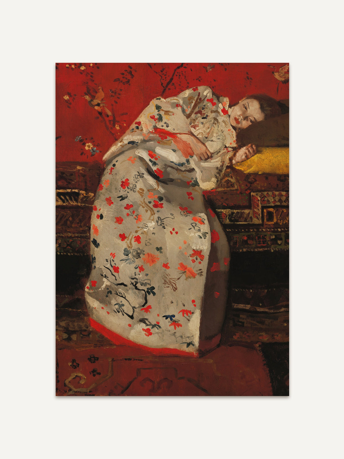 „Girl in White Kimono“ von George Hendrik Breitner. Eine Frau in einem weißen Kimono mit floralen Mustern liegt entspannt auf einem roten Kissen. Der Kunstdruck ist ideal für minimalistische, kunstvolle Innenräume. #Rahmen_Ohne Rahmen