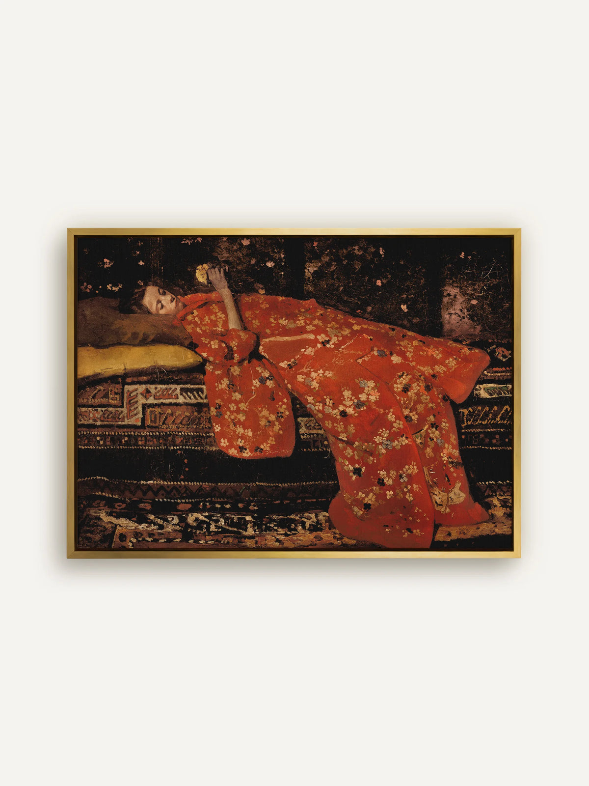 Vintage Porträt Leinwandbild mit rotem Kimono im goldenen Schattenfugenrahmen. Das Gold greift die kleinen goldenen und cremefarbenen Blüten auf dem roten Stoff auf. #Rahmen_Gold