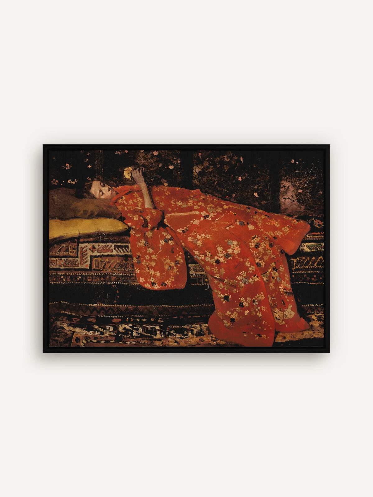 Leinwandbild mit Mädchen im roten Kimono im schwarzen Schattenfugenrahmen. Der schwarze Rahmen verlängert den dunklen Hintergrund, vor dem das leuchtende Rot besonders stark wirkt. #Rahmen_Schwarz