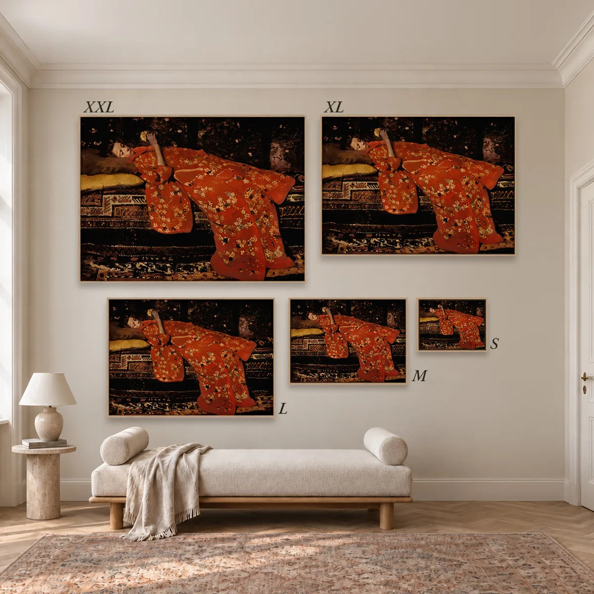 Größenübersicht der fünf Leinwandformate S bis XXL im Raum, von 34 × 44 cm bis 105 × 143 cm.