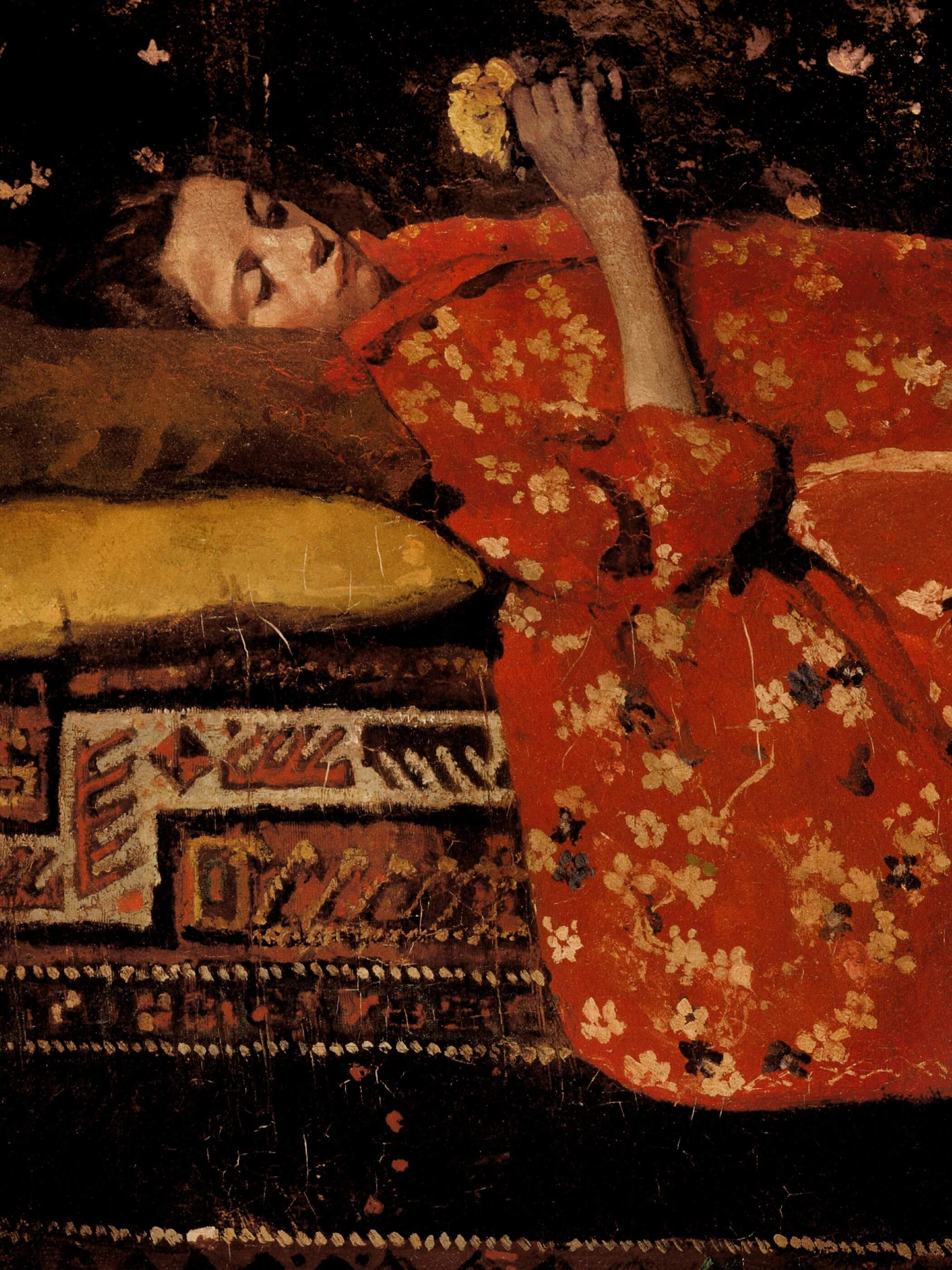 Detaillierte Nahaufnahme des „Girl in Red Kimono“-Kunstdrucks, mit Fokus auf das aufwendige Blumenmuster auf dem roten Kimono.