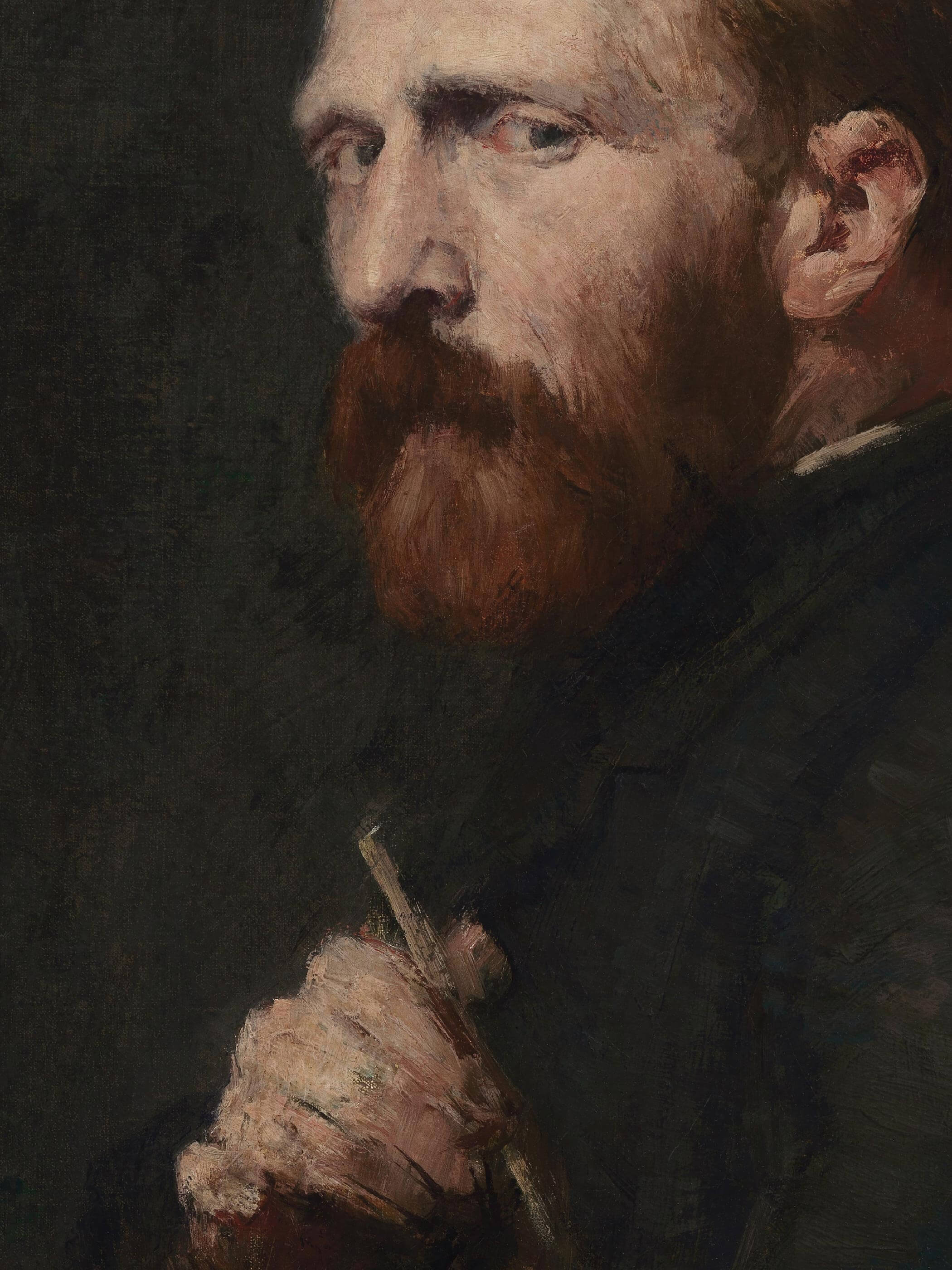 Nahaufnahme eines Porträts mit detaillierter Darstellung von Bart und Gesichtszügen. Kunstwerk mit dunklem Hintergrund und dramatischer Lichtführung, ideal für dunkle Akademie-Dekorationen.