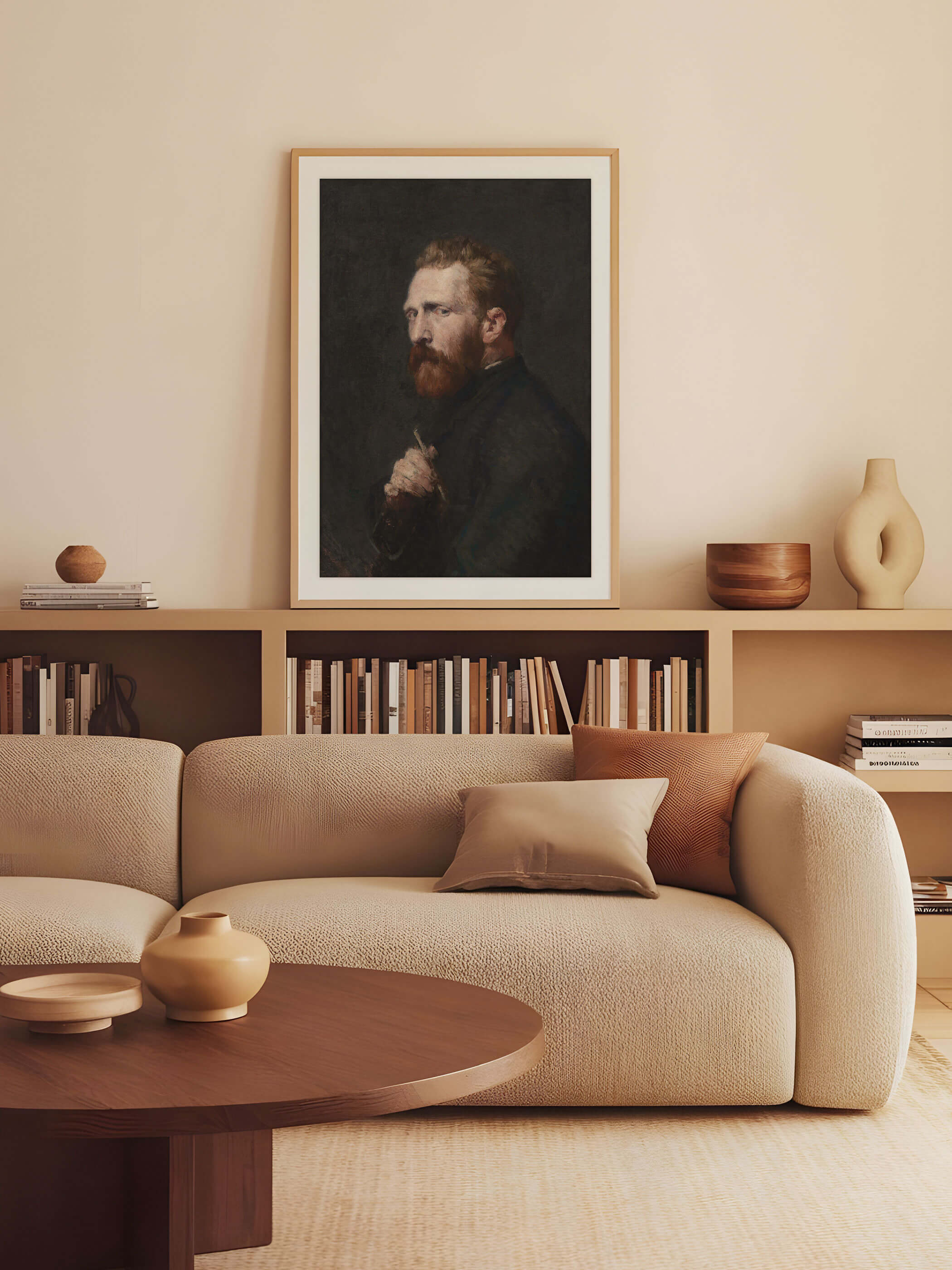 Vintage-Porträt eines bärtigen Mannes, das in einem modernen Wohnzimmer über einem Bücherregal mit minimalistischem Dekor hängt.