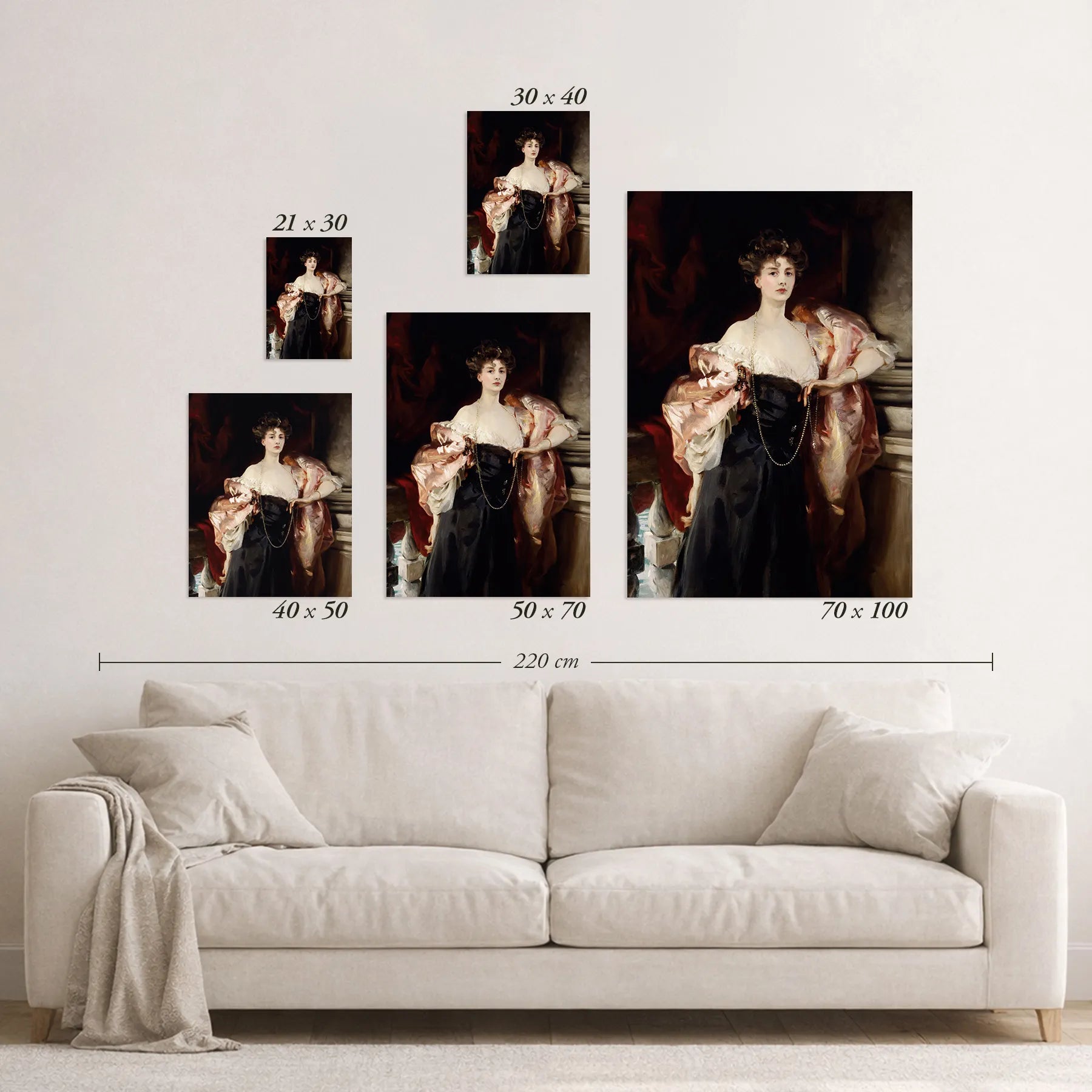 Schematic size overview of the available print formats above a sofa.