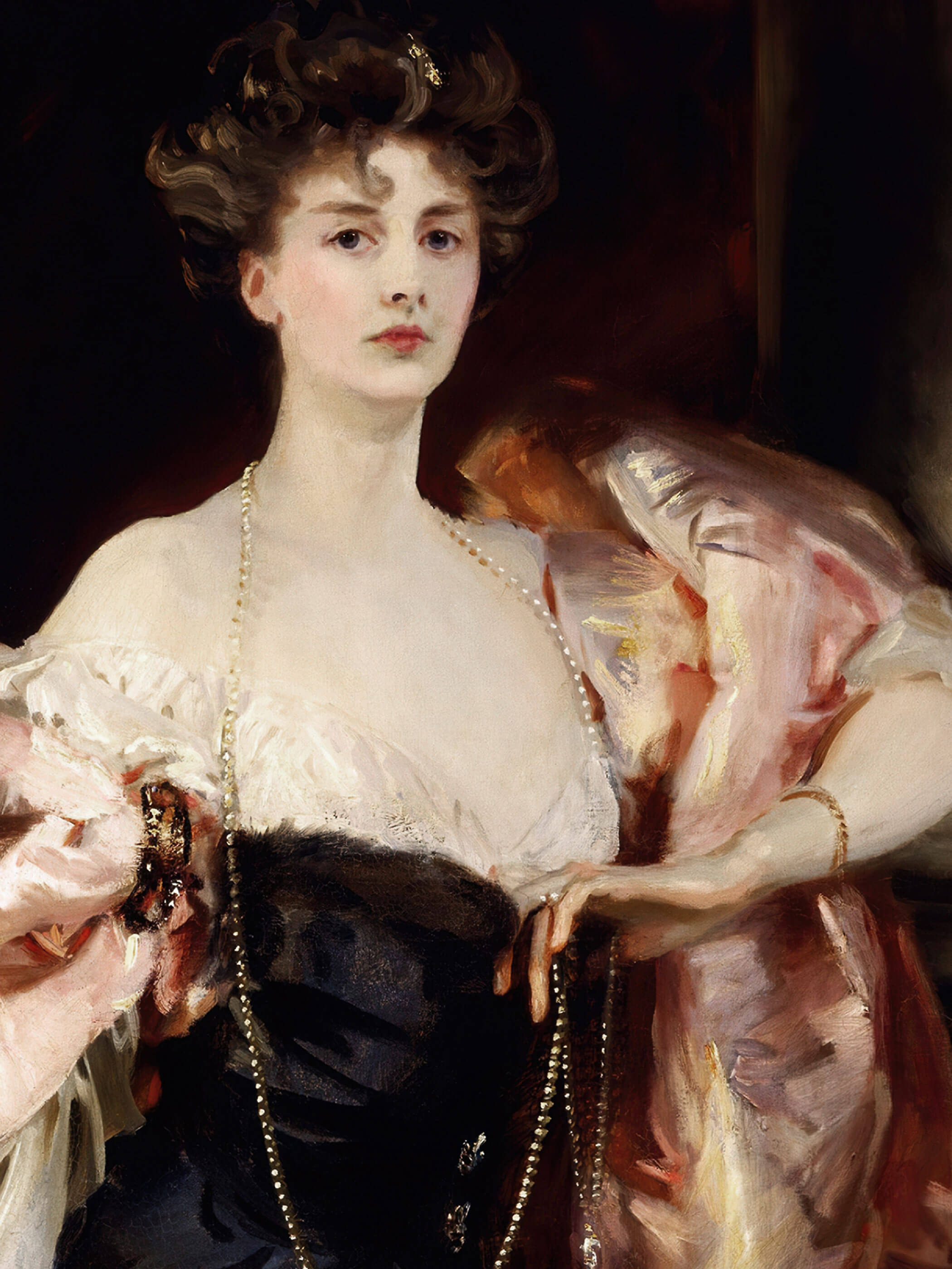 Detailansicht des Porträts von Lady Helen Vincent, zeigt ihr Gesicht und Perlenkette, eingerahmt in feine, lebendige Pinselstriche.