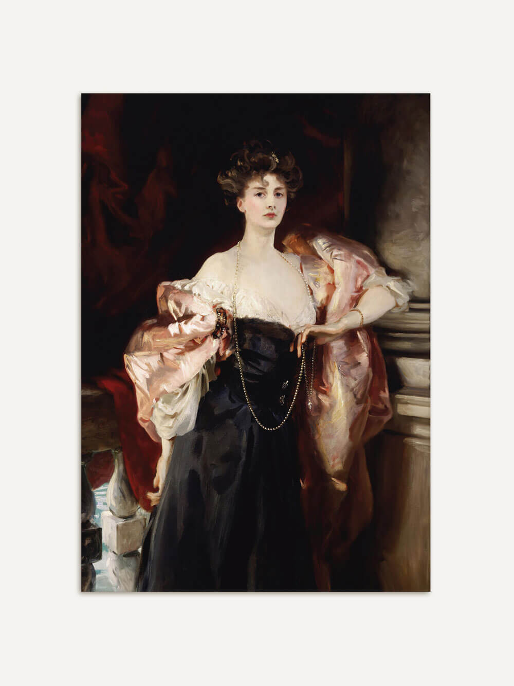 Klassisches viktorianisches Porträt von  Viscountess d’Abernon, in voller Ansicht – in Schwarz und Rosatönen.