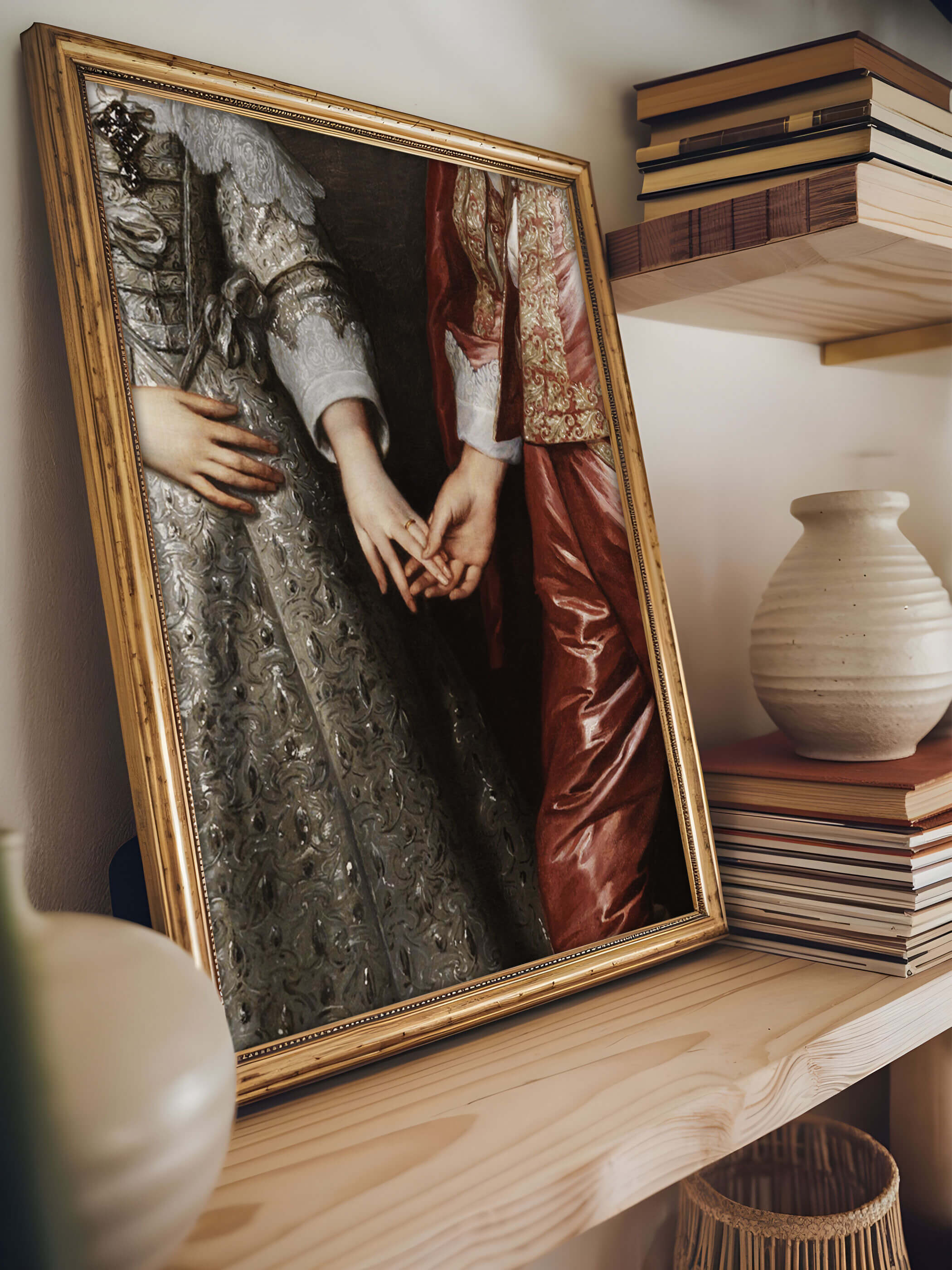 Kunstdruck im Rahmen zeigt ein Detail einer königlichen Verlobung aus der Barockzeit. Perfekte Regal-Dekoration für Liebhaber von historischem Stil.