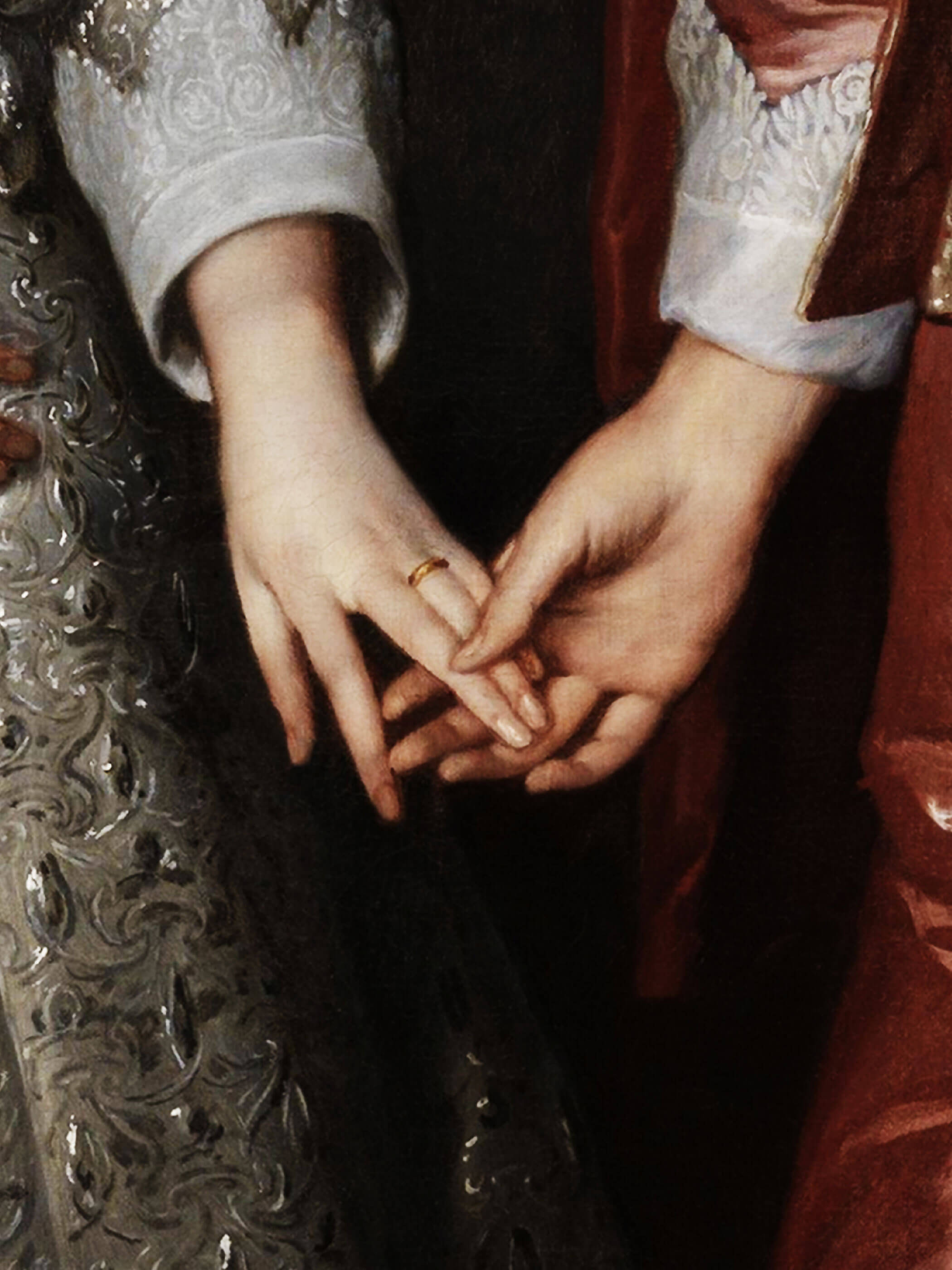 Detailaufnahme Poster, das die Hände eines königlichen Paares zeigt, welches sich bei den Händen hält, zu sehen ist der Verlobungsring der Frau. Wunderschöner Kunstdruck mit barocken Elementen
