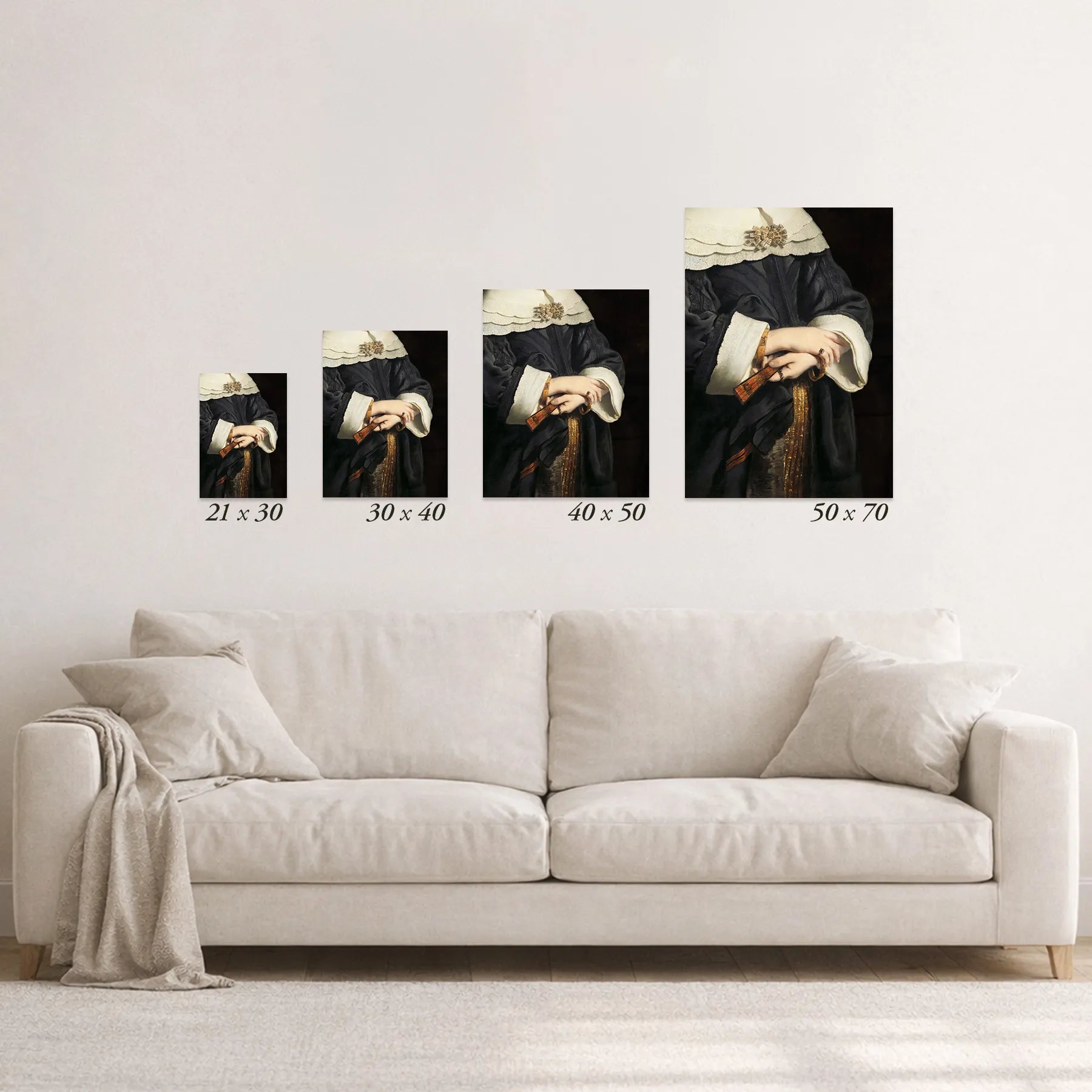 Schematic size overview of the available print formats above a sofa.