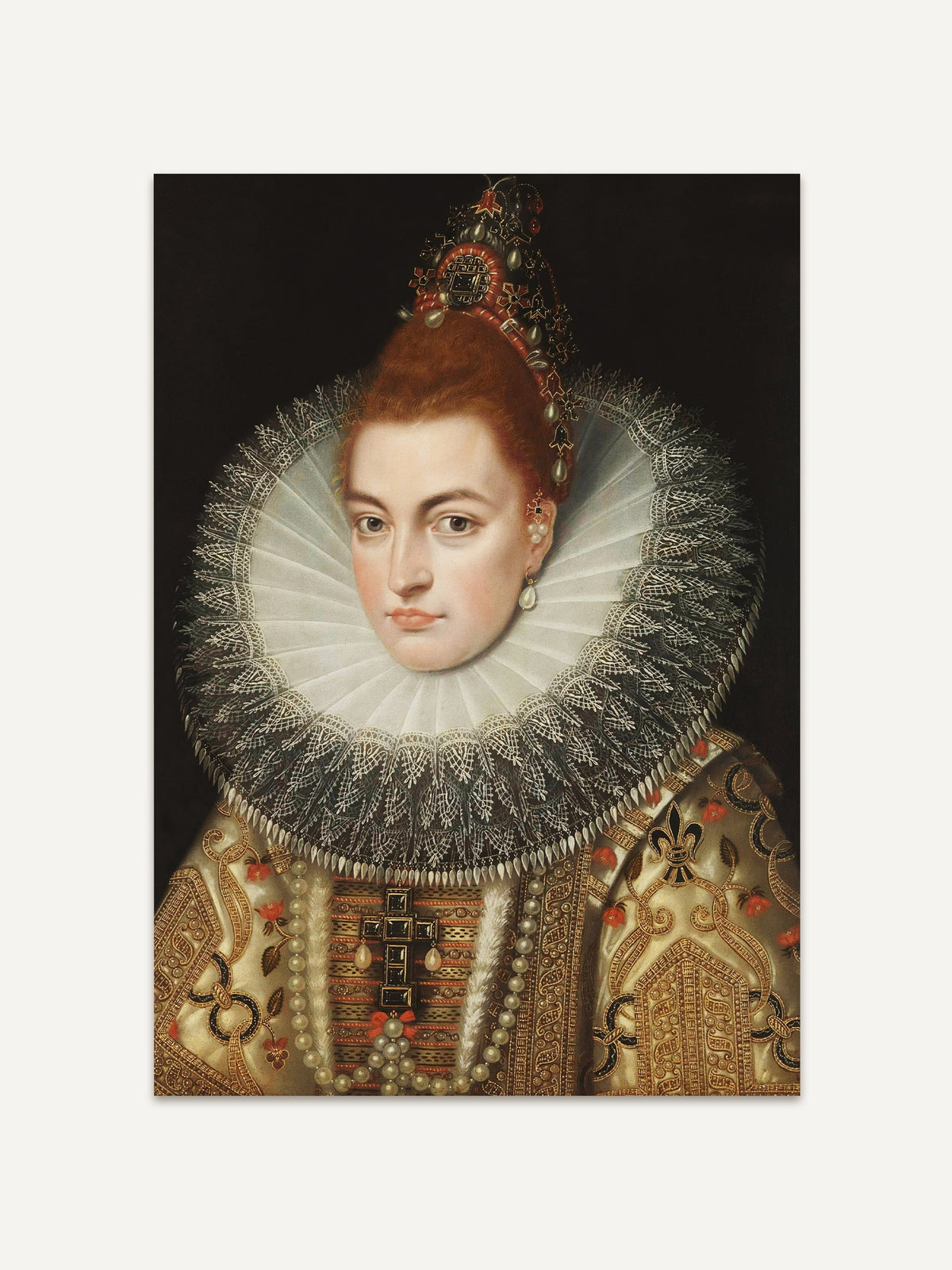Barock-Portrait einer Erzherzogin im klassischen Stil, aufgehängt in einem minimalistischen Schlafzimmer. Die kunstvolle Verzierung des Kleides mit Gold und Perlen harmoniert perfekt mit dem ruhigen, modernen Ambiente. #Rahmen_Ohne Rahmen
