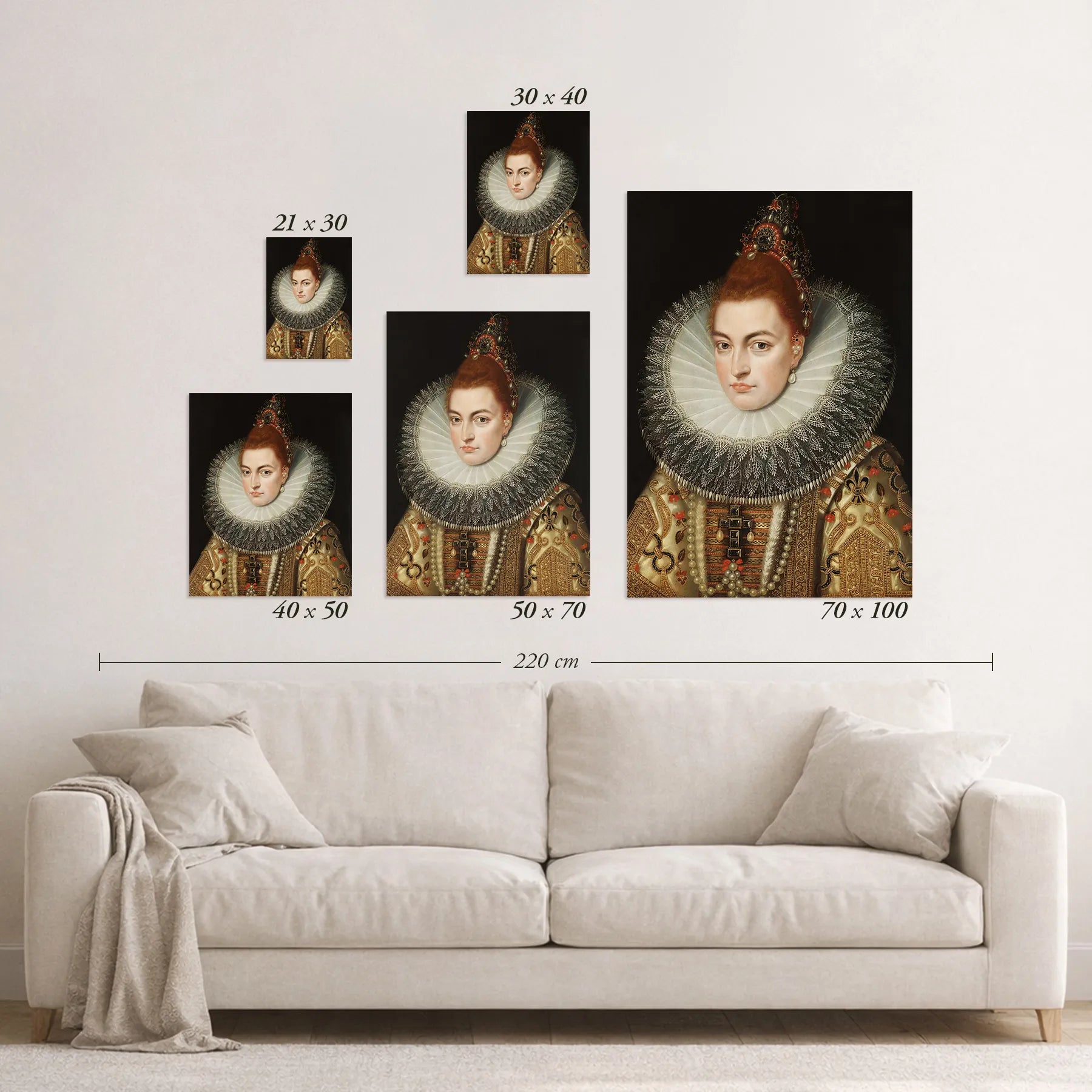 Schematic size overview of the available print formats above a sofa.
