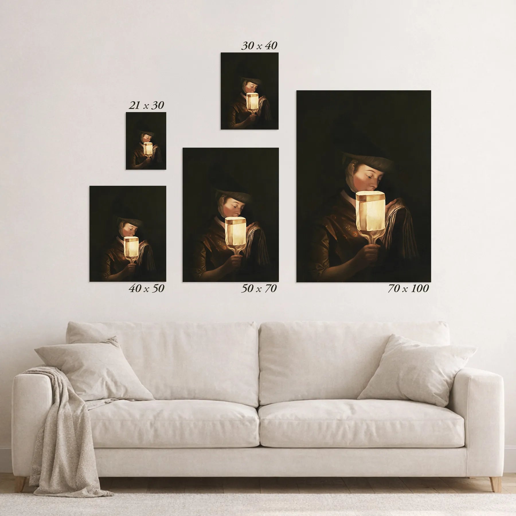 Schematic size overview of the available print formats above a sofa.