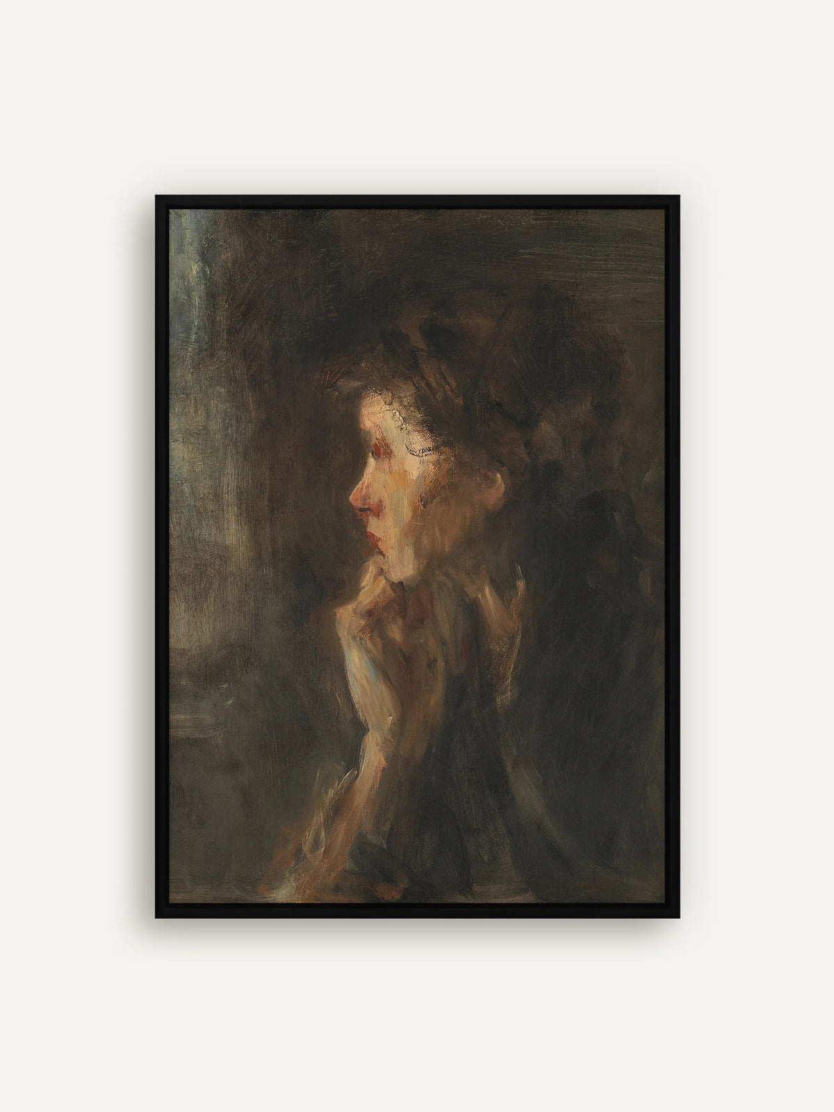 Vintage Leinwandbild nach Jozef Israëls: Frau im Profil mit Kinn auf der Hand, warmes Licht im Gesicht vor dunklem Grund in Braun und Oliv, im schwarzen Schattenfugenrahmen aus Holz #Rahmen_Schwarz