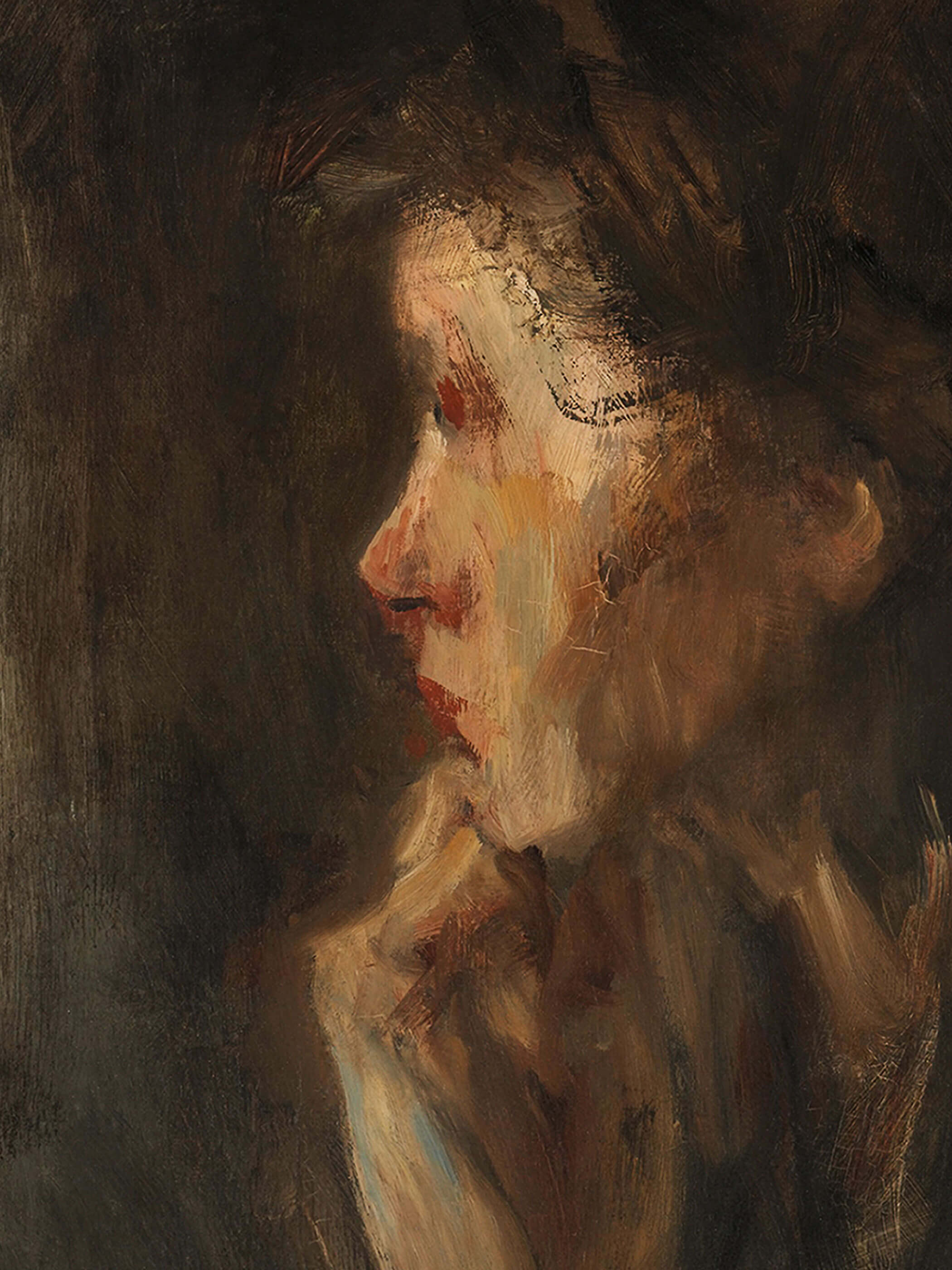 Nahaufnahme eines impressionistischen Porträts einer Frau im Profil, die in tiefer Kontemplation dargestellt ist. Mit weichen, dunklen Pinselstrichen und dezenten Farbakzenten fängt das Gemälde eine melancholische Stimmung ein. 